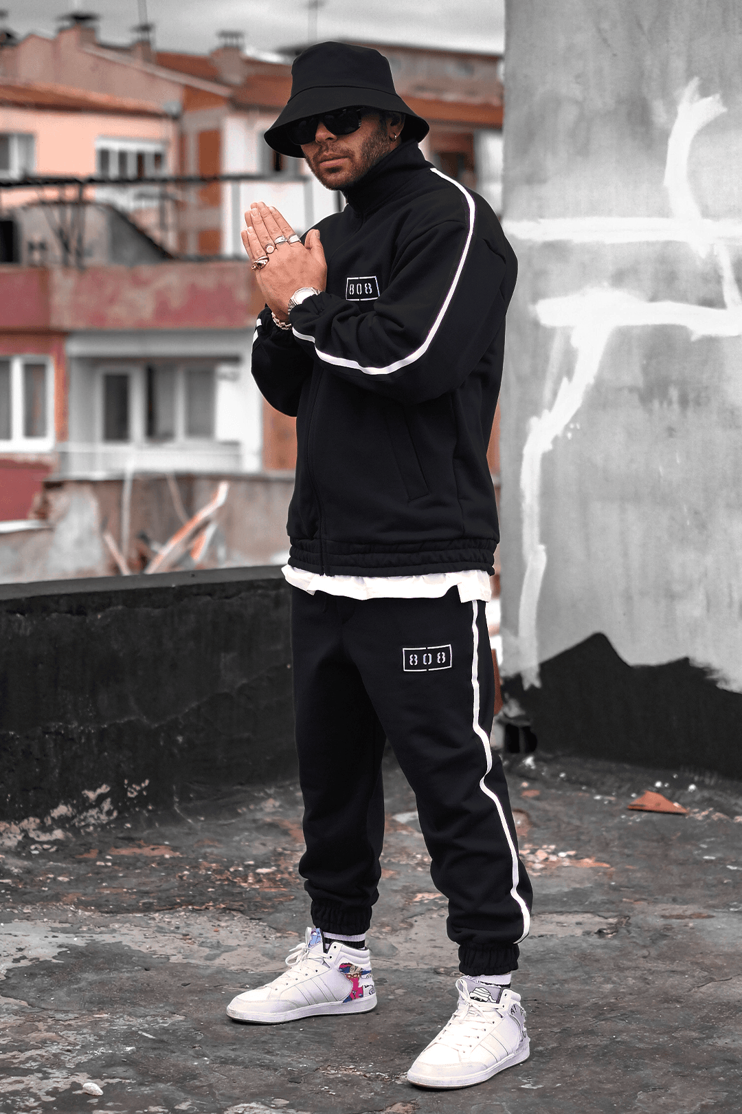 808 Dokuma Şerit Detay Oversize Jogger - Beyaz Şerit