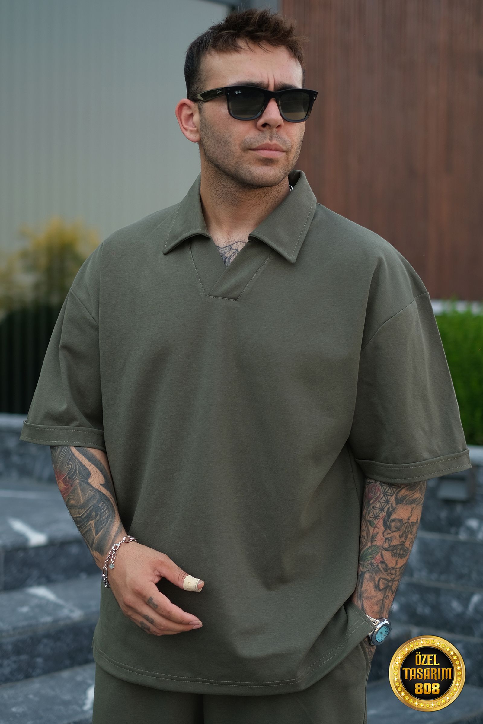 808 Yakalı Basic Tok Oversize Tişört - Haki