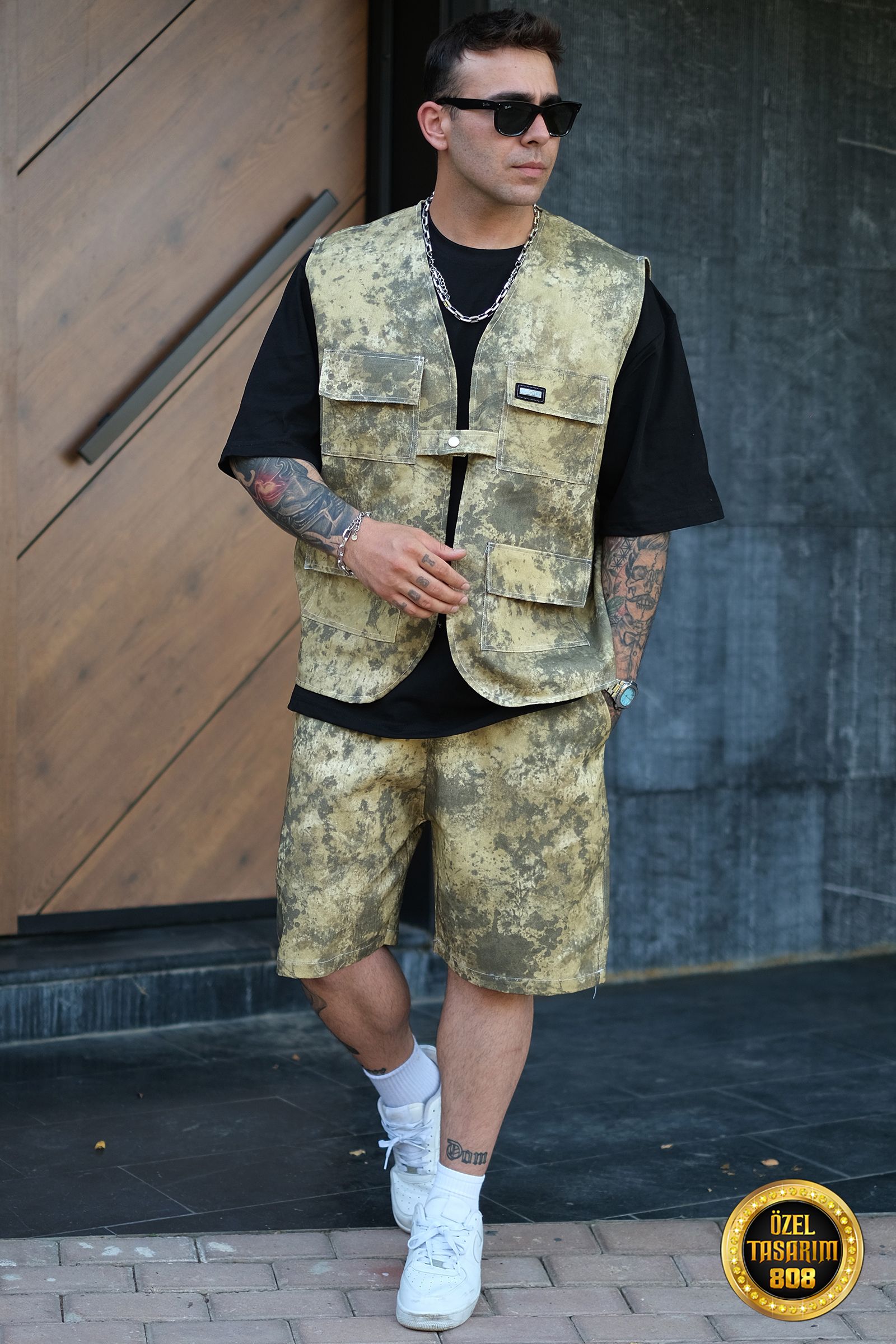 808 Leke Efektli Tek Düğme Oversize Kot Takım (Yelek + Şort) 