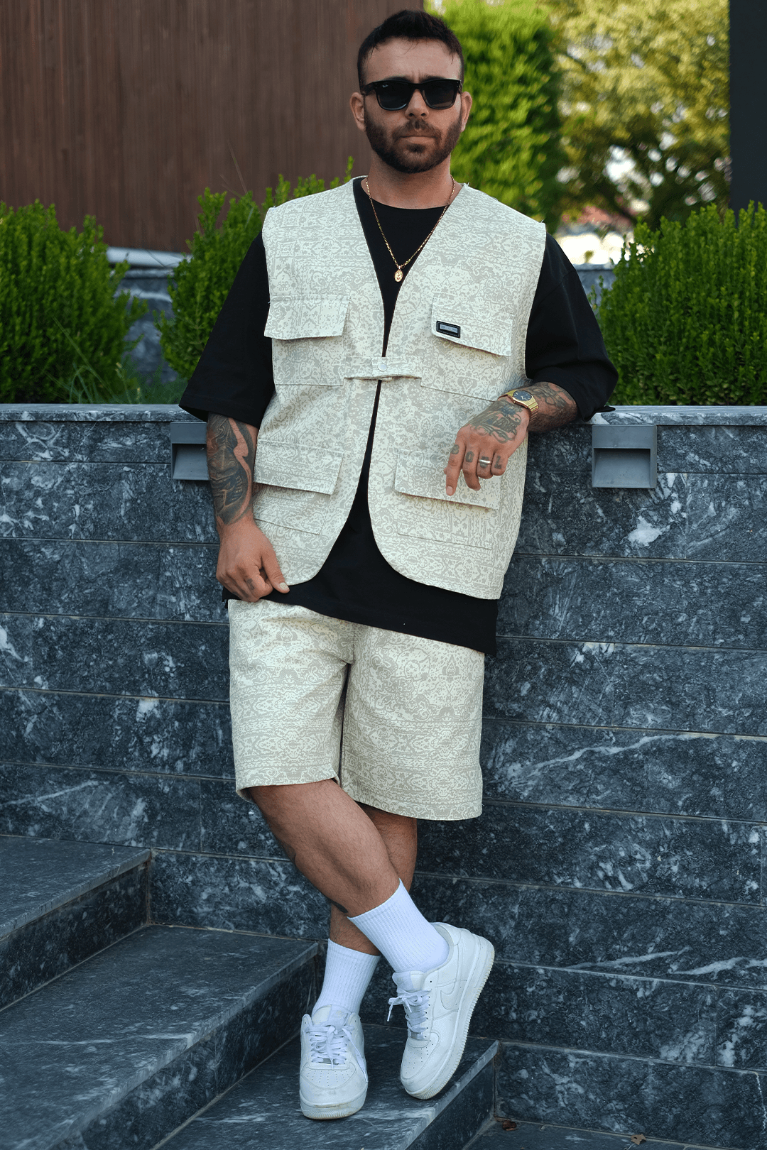 808 Fildişi Mozaik Desen Oversize Takım ( Yelek + Şort )