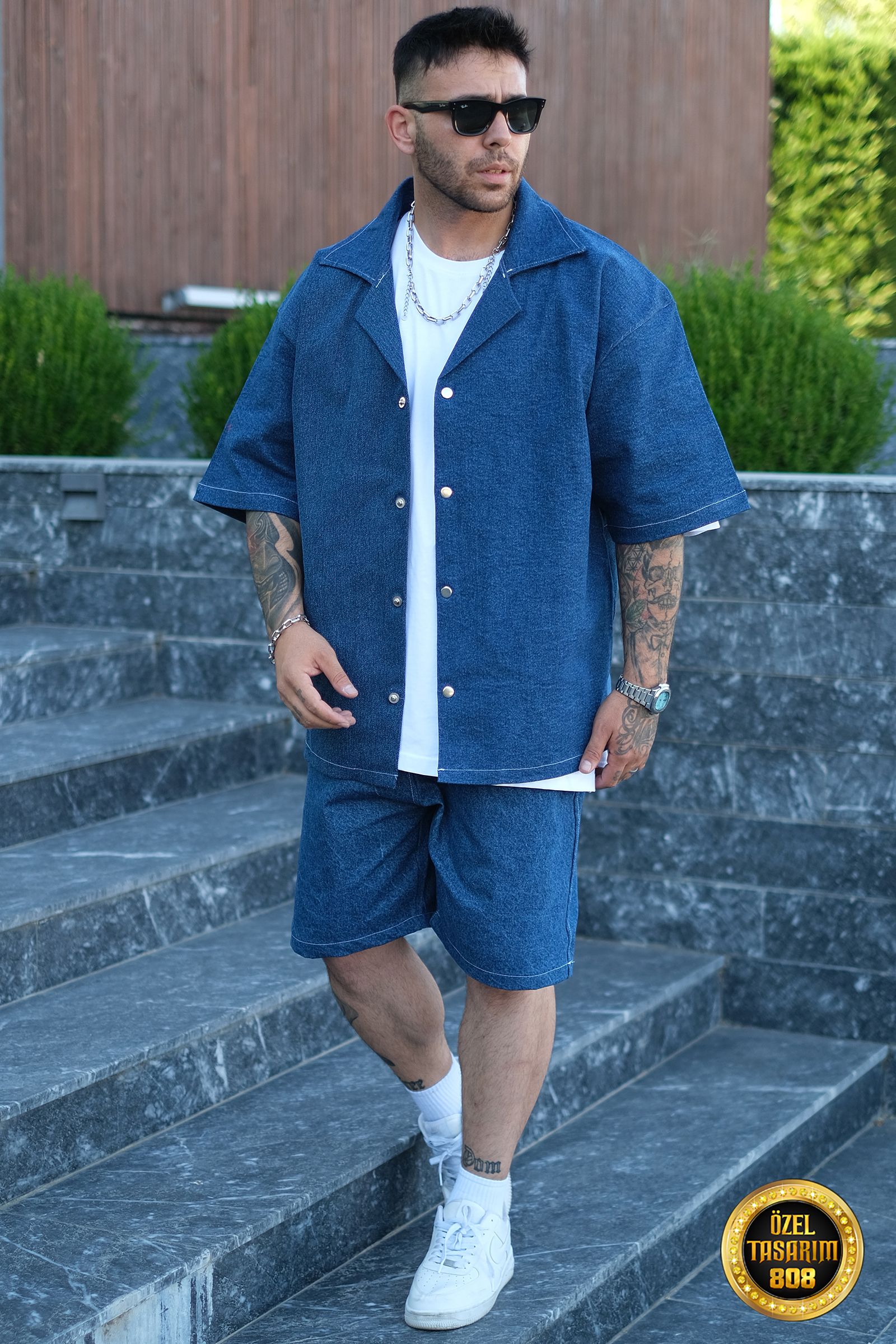 808 Oversize Basic Tok Kot Takım (Gömlek + Şort)