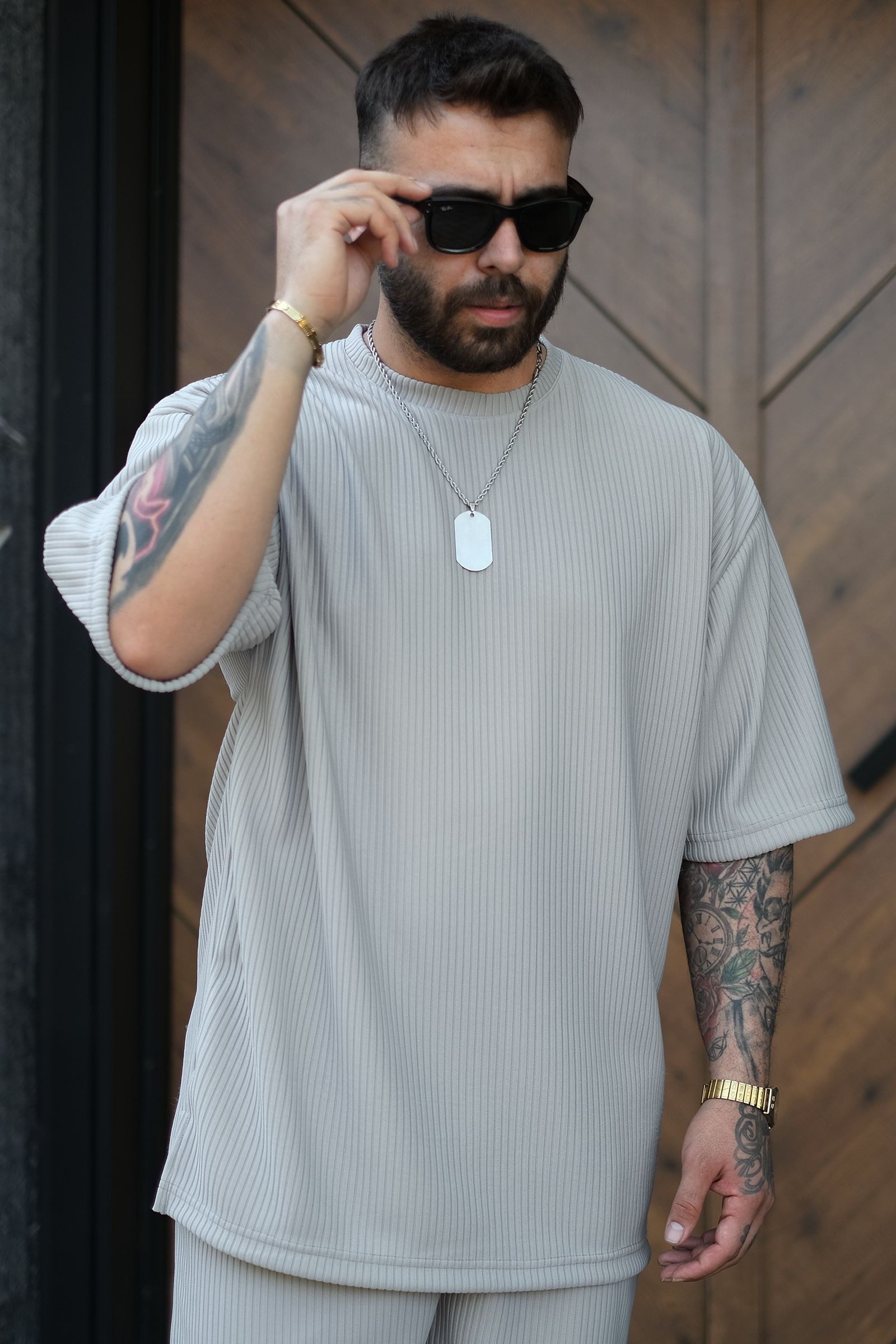 808 Fitil Dokulu Oversize Sıfır Yaka Tok Tişört - Gri