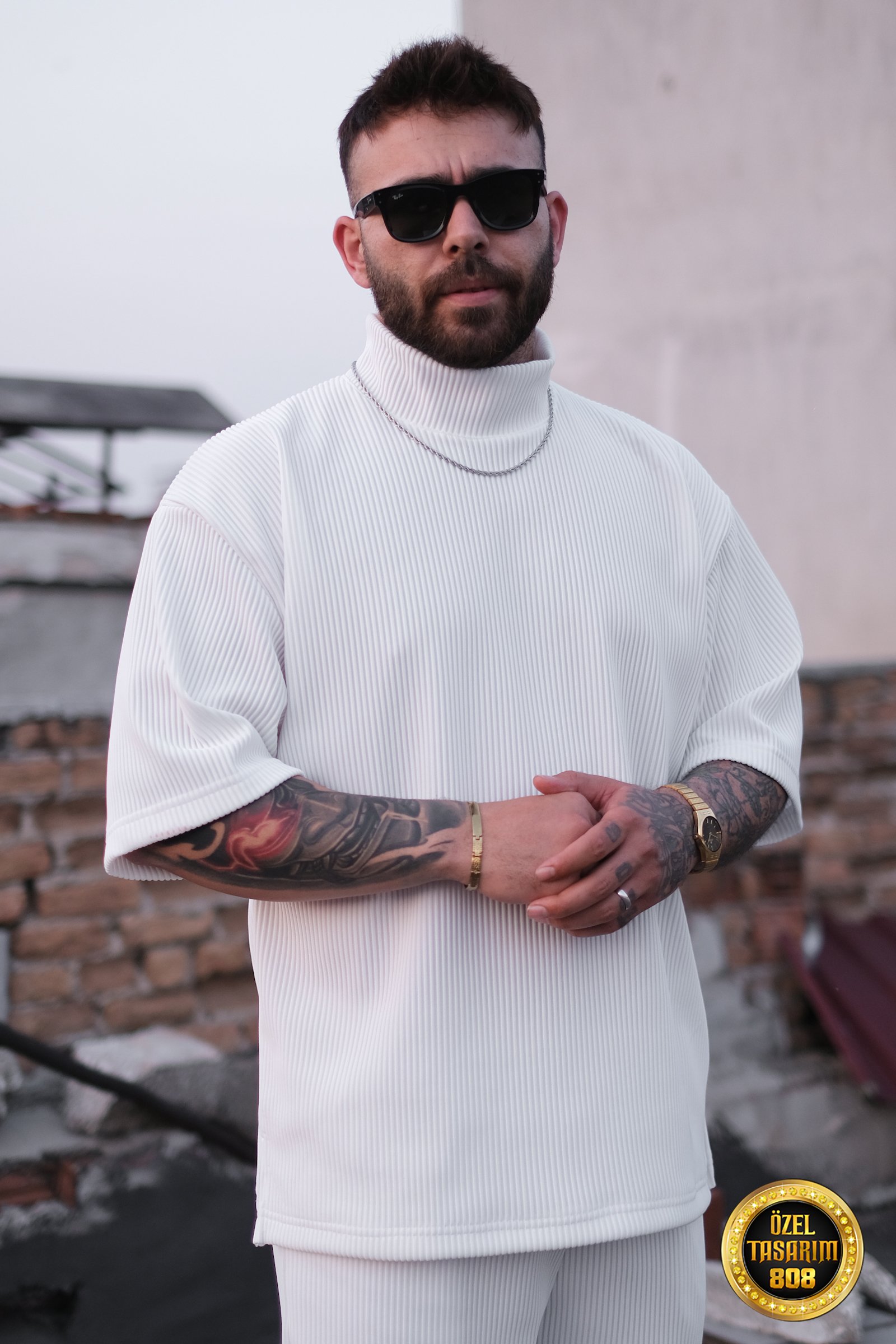 808 Fitil Dokulu Oversize Balıkçı Yaka Tişört - Beyaz