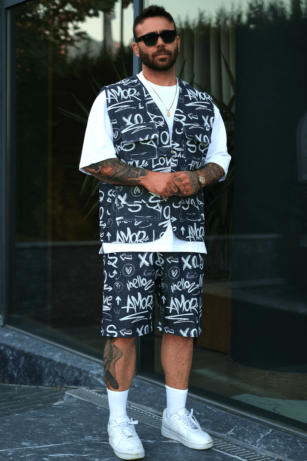 808 XO Street Desen Tek Düğme Oversize Yelek