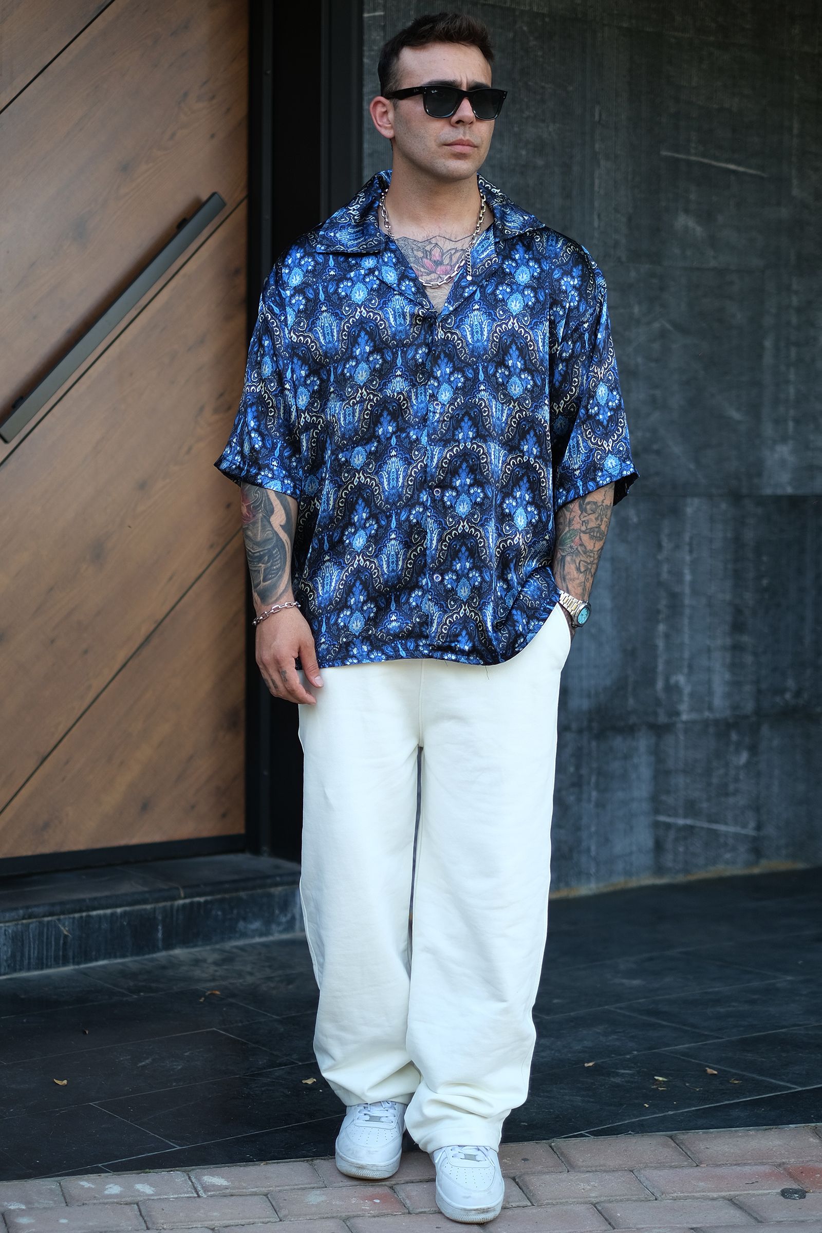 808 Şal Desen Saten Dökümlü Oversize Takım (Gömlek + Jogger)