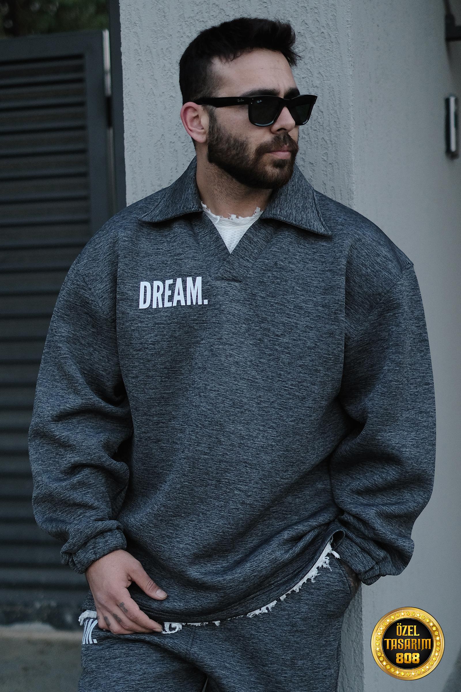 808 Dream Baskılı Özel Tasarım Yakalı Oversize Sweatshirt - Gri