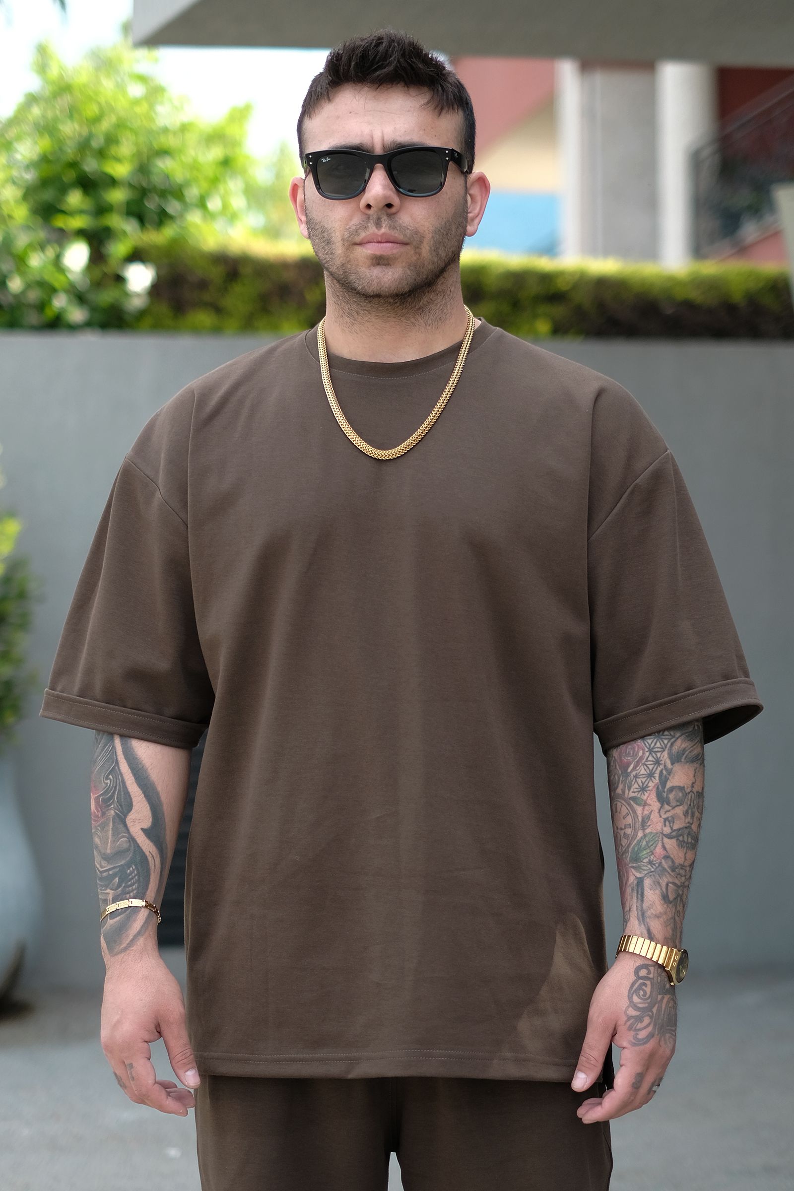 808 Basic Oversize Tok Tişört - Kahverengi