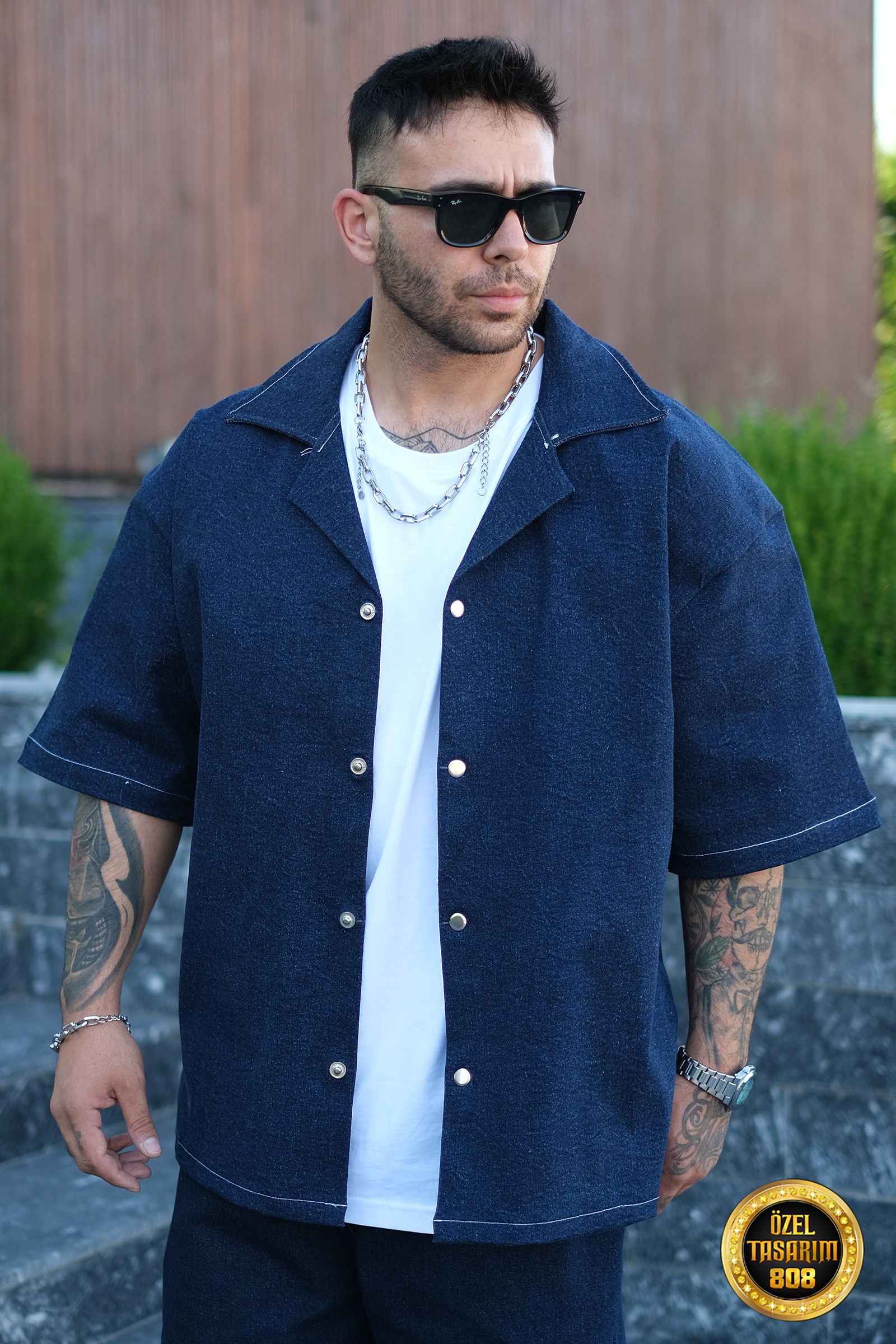 808 Oversize Basic Tok Kot Gömlek - Koyu Mavi