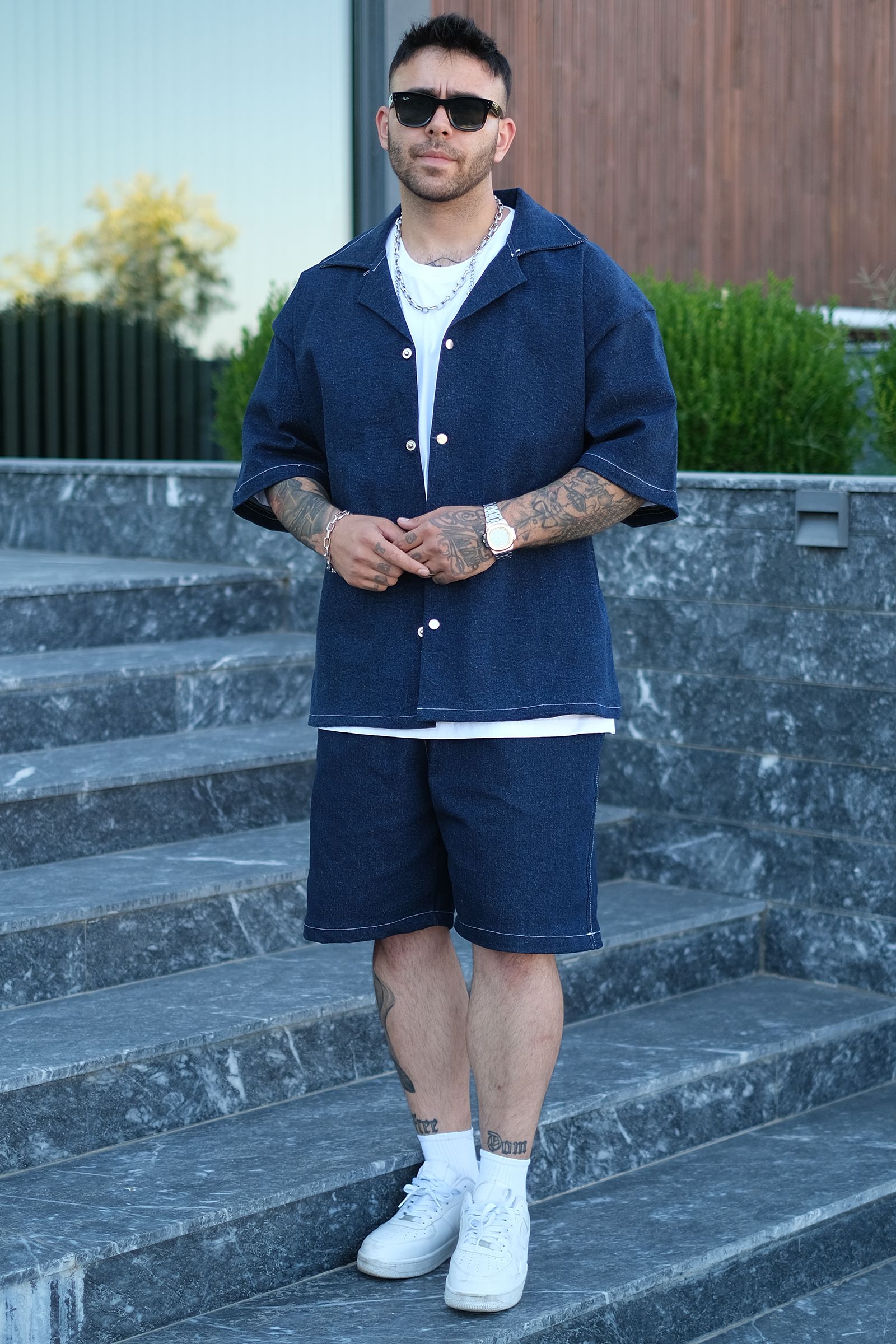 808 Oversize Basic Tok Kot Takım (Gömlek + Şort)