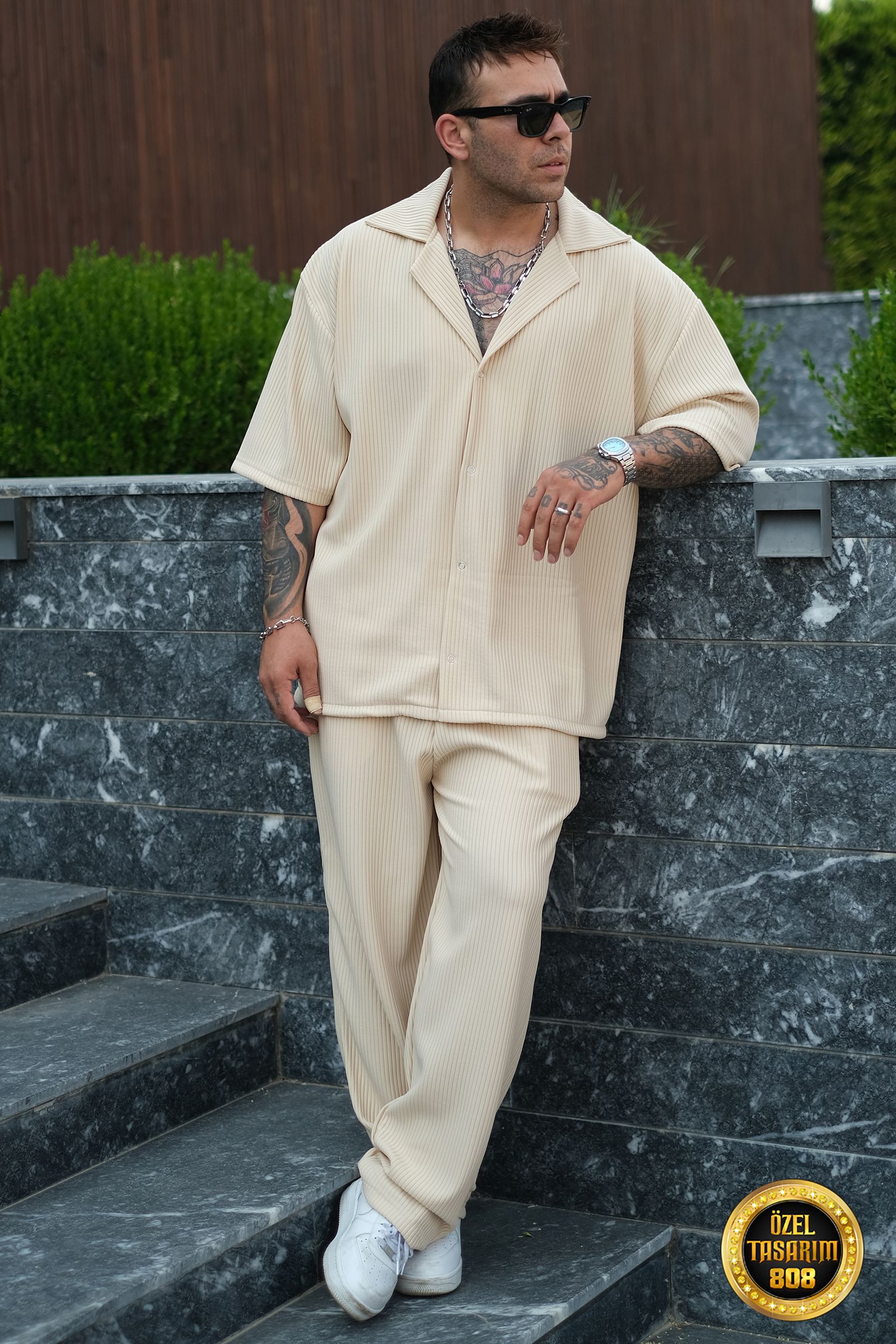 808 Fitil Dokulu Oversize V Yaka Takım (Gömlek - Jogger) - Kavun İçi