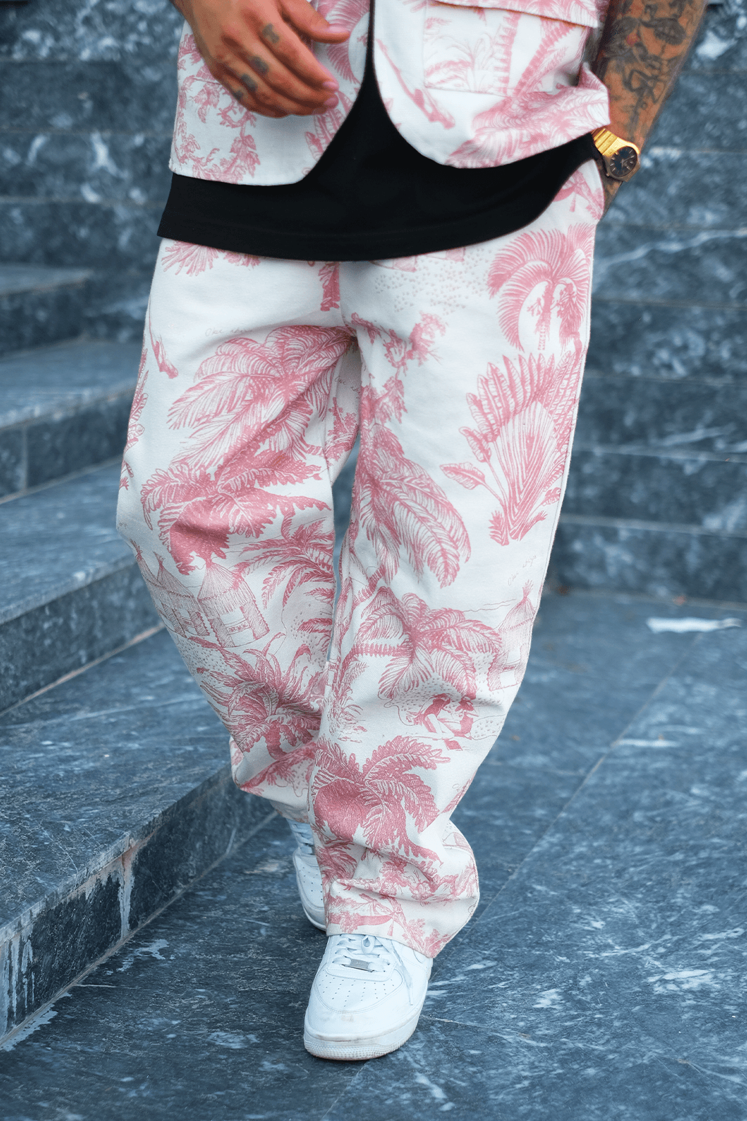 808 Palmiye Desen Oversize Takım ( Yelek + Şort )