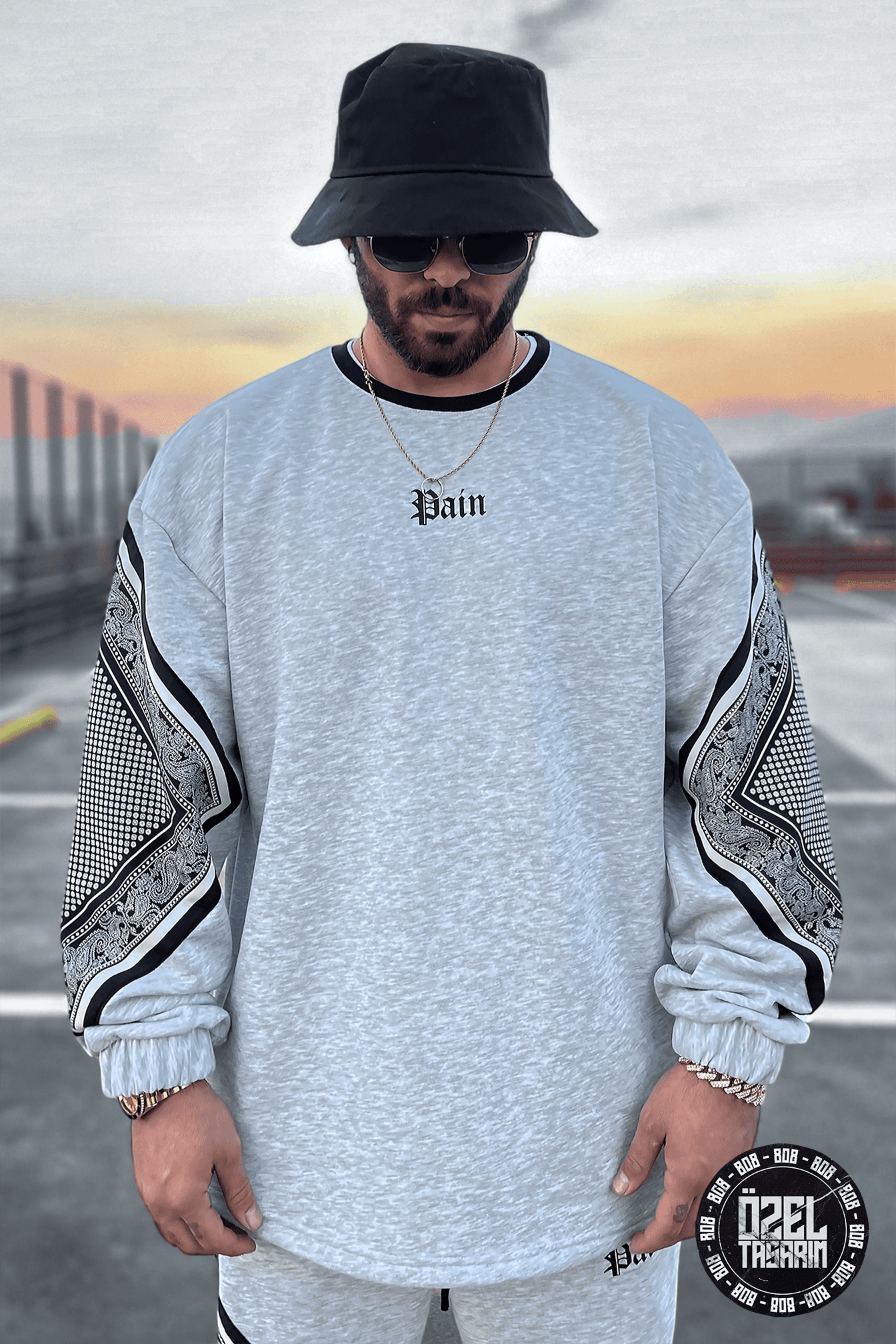 808 Pain Bandana Kontrast Oversize ( Sweatshirt + Jogger ) - Gri Melanj