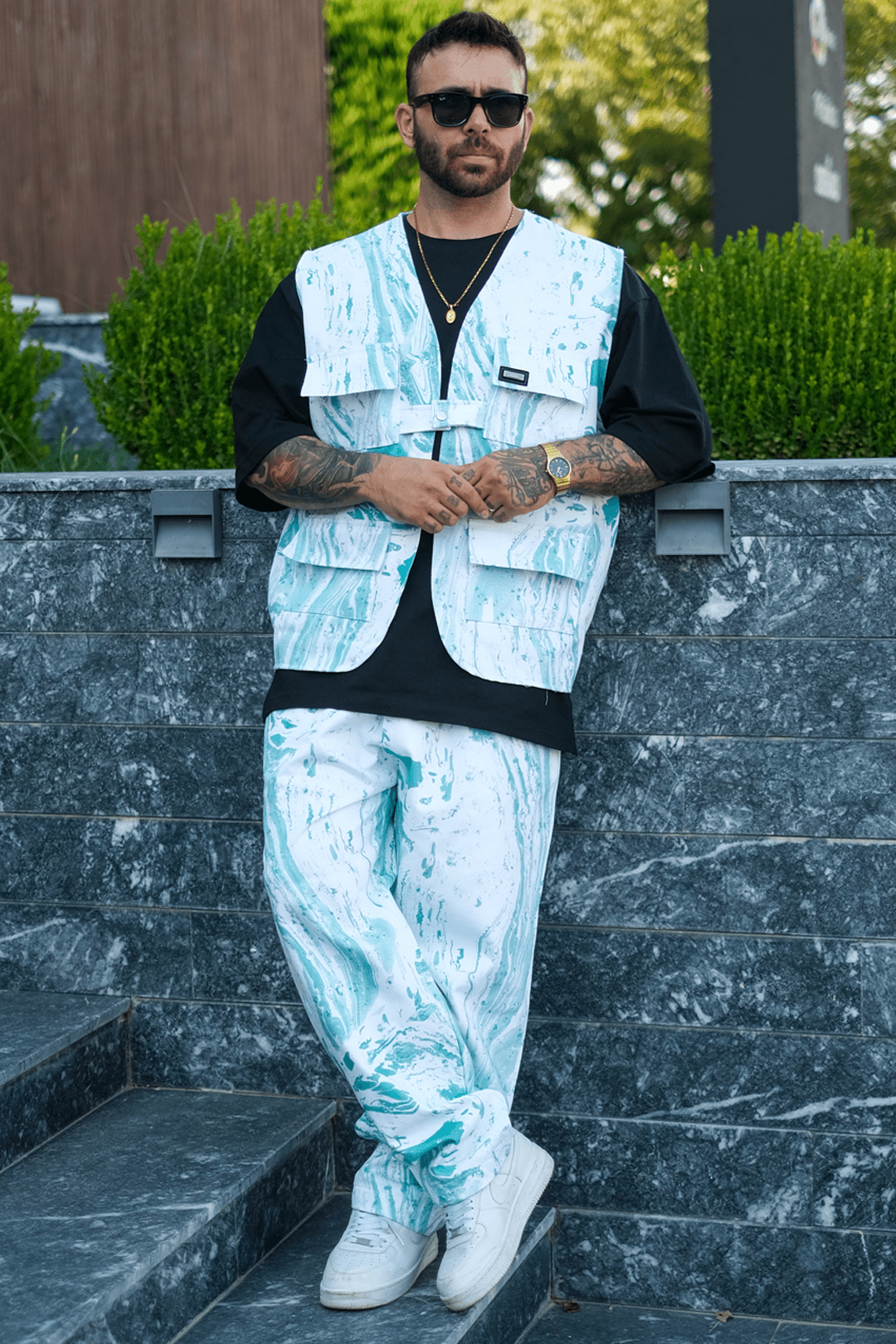 808 Batik Desen Oversize Tek Düğme Kot Yelek