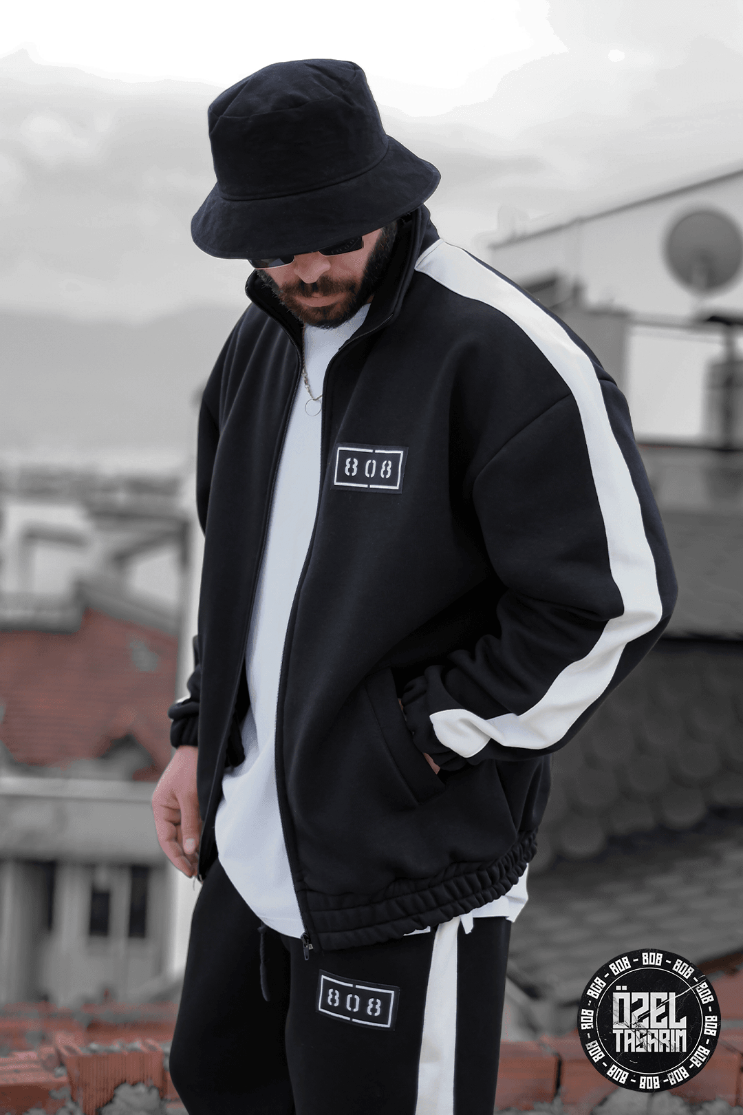 808 Şerit Kontrast Oversize Ceket - Siyah