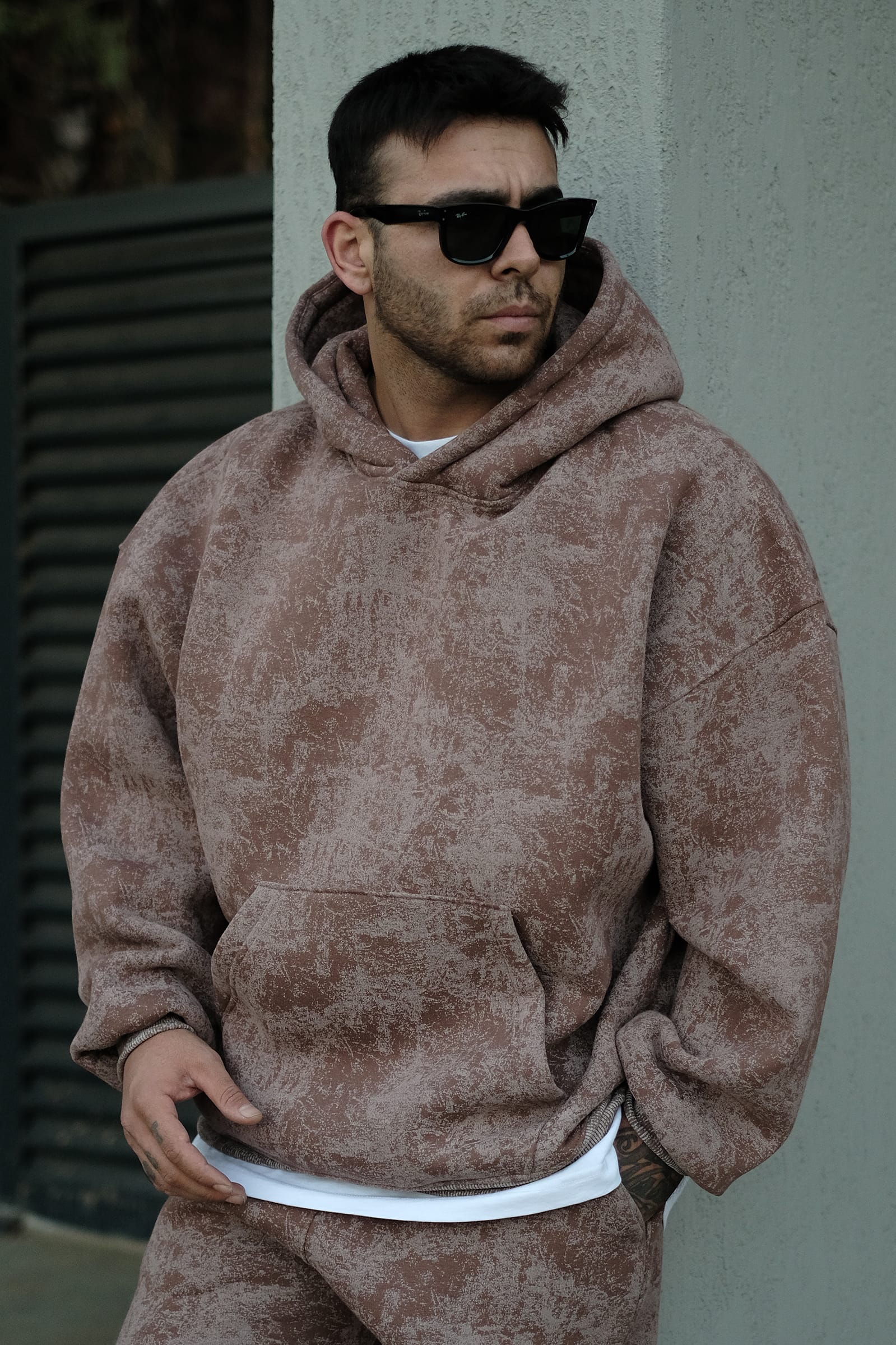 808 Eskitme Efekt Extra Oversize Puff Hoodie - Kahverengi