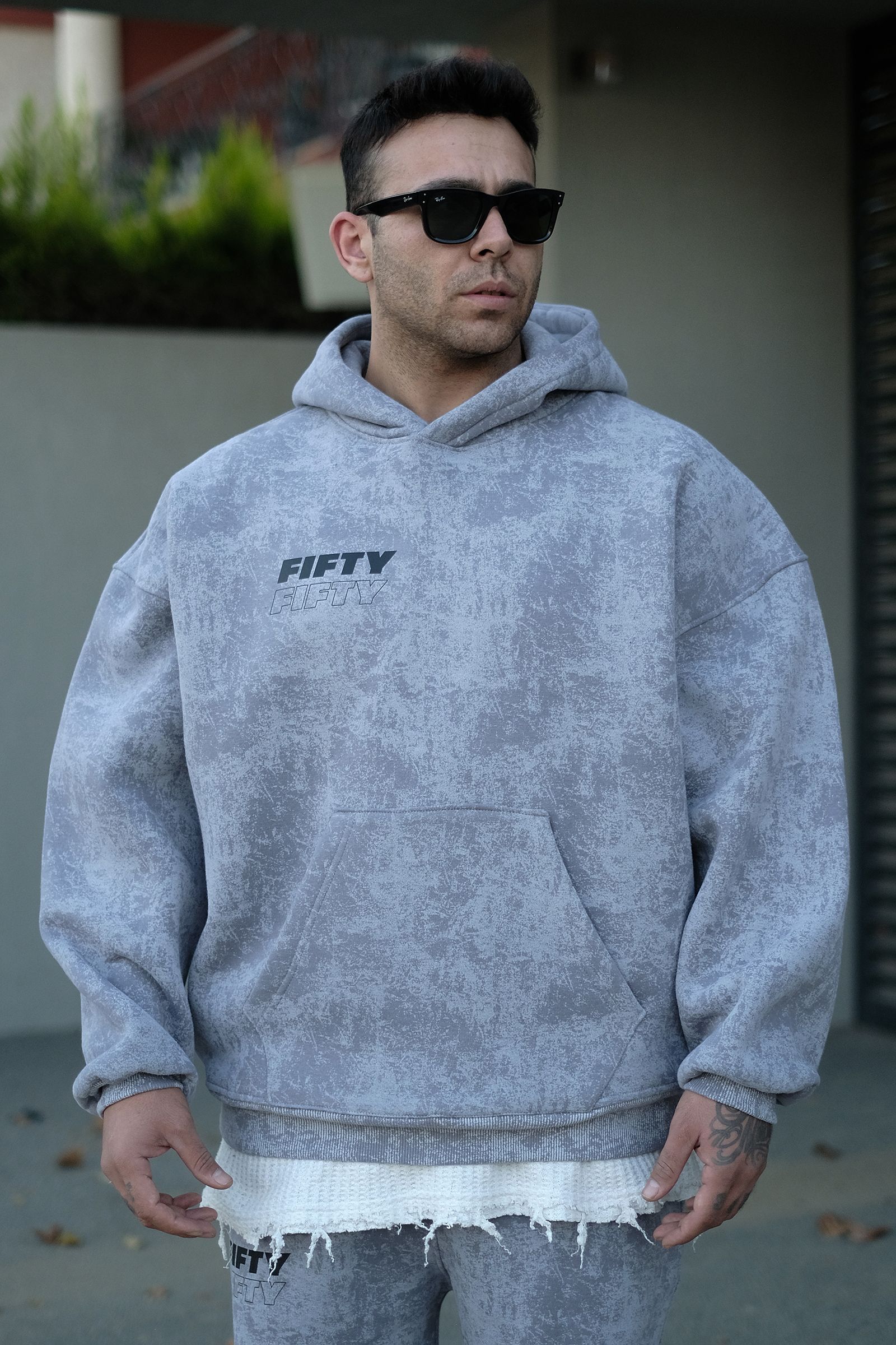 808 Fifty Baskılı Özel Tasarım Eskitme Efektli Puff Hoodie