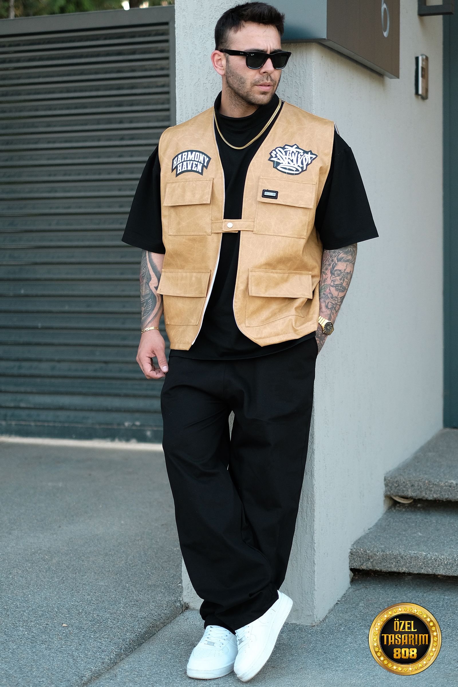 808 Oversize Tek Düğme '' Harmony '' Deri Patch Yelek