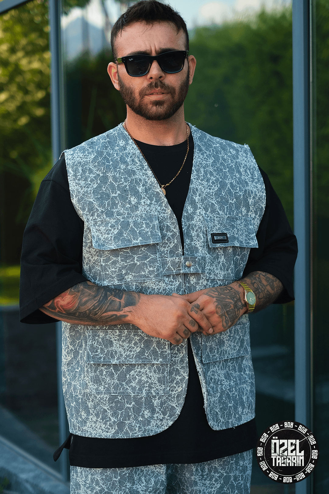 808 Buz Mermer Desen Tek Düğme Oversize Yelek