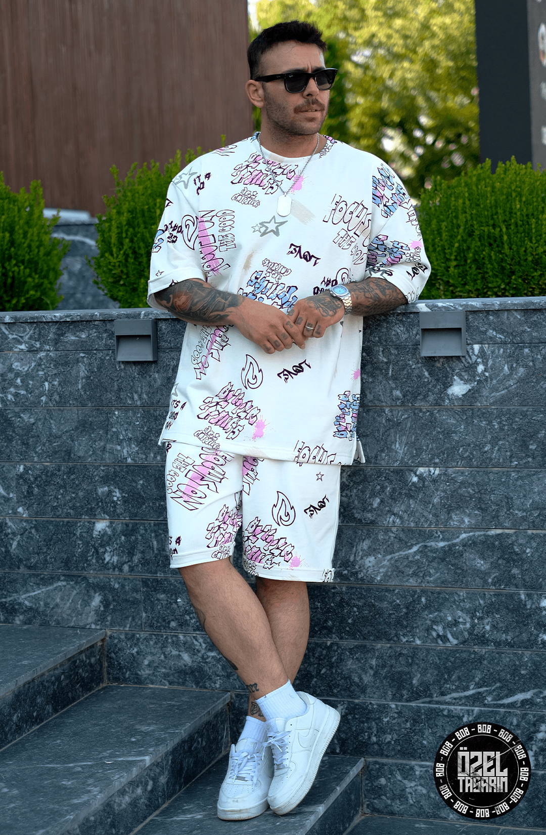 808 karışık graffiti desen tok oversize Takım ( Tişört + Şort )