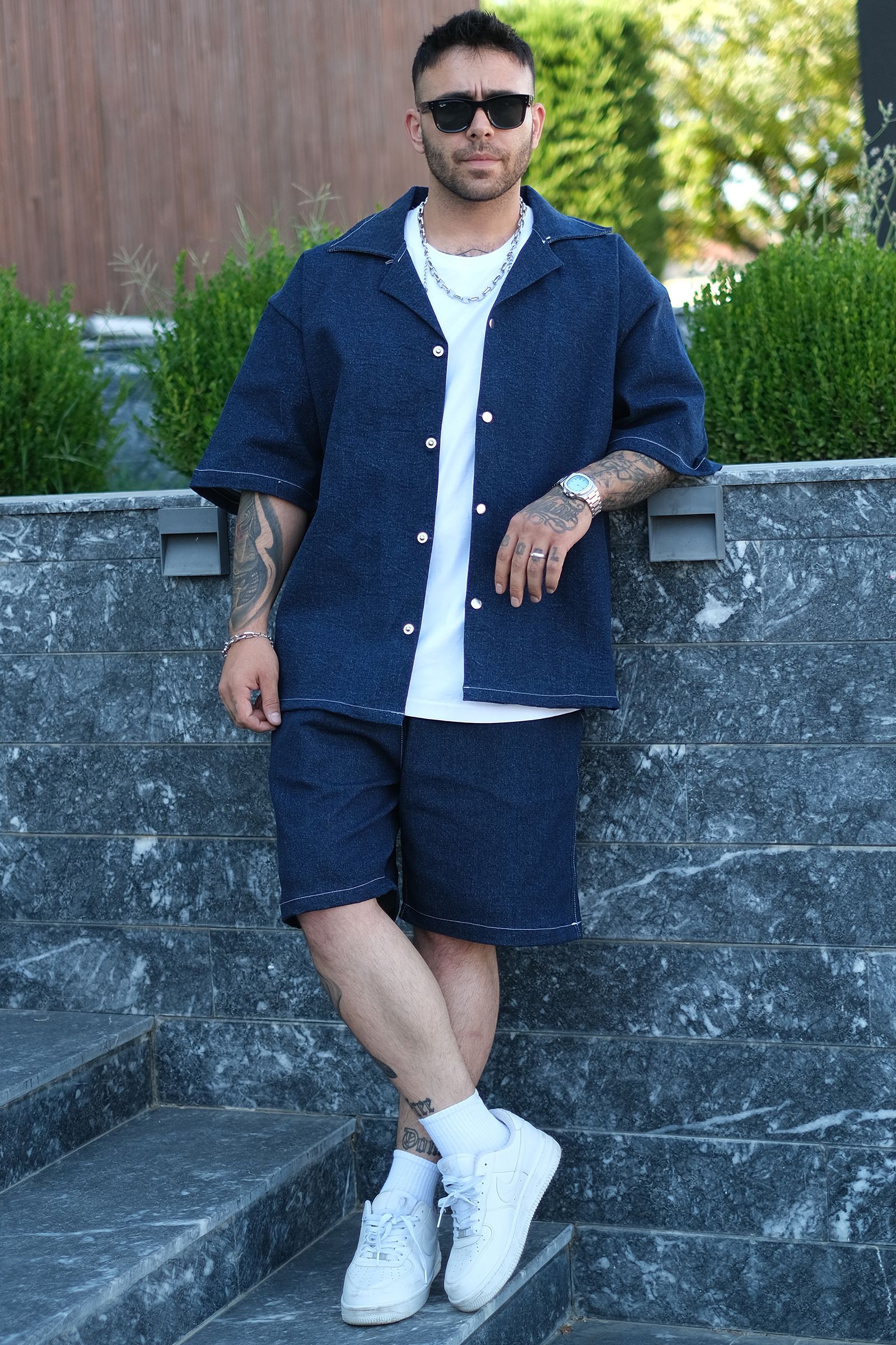 808 Oversize Basic Tok Kot Takım (Gömlek + Şort)