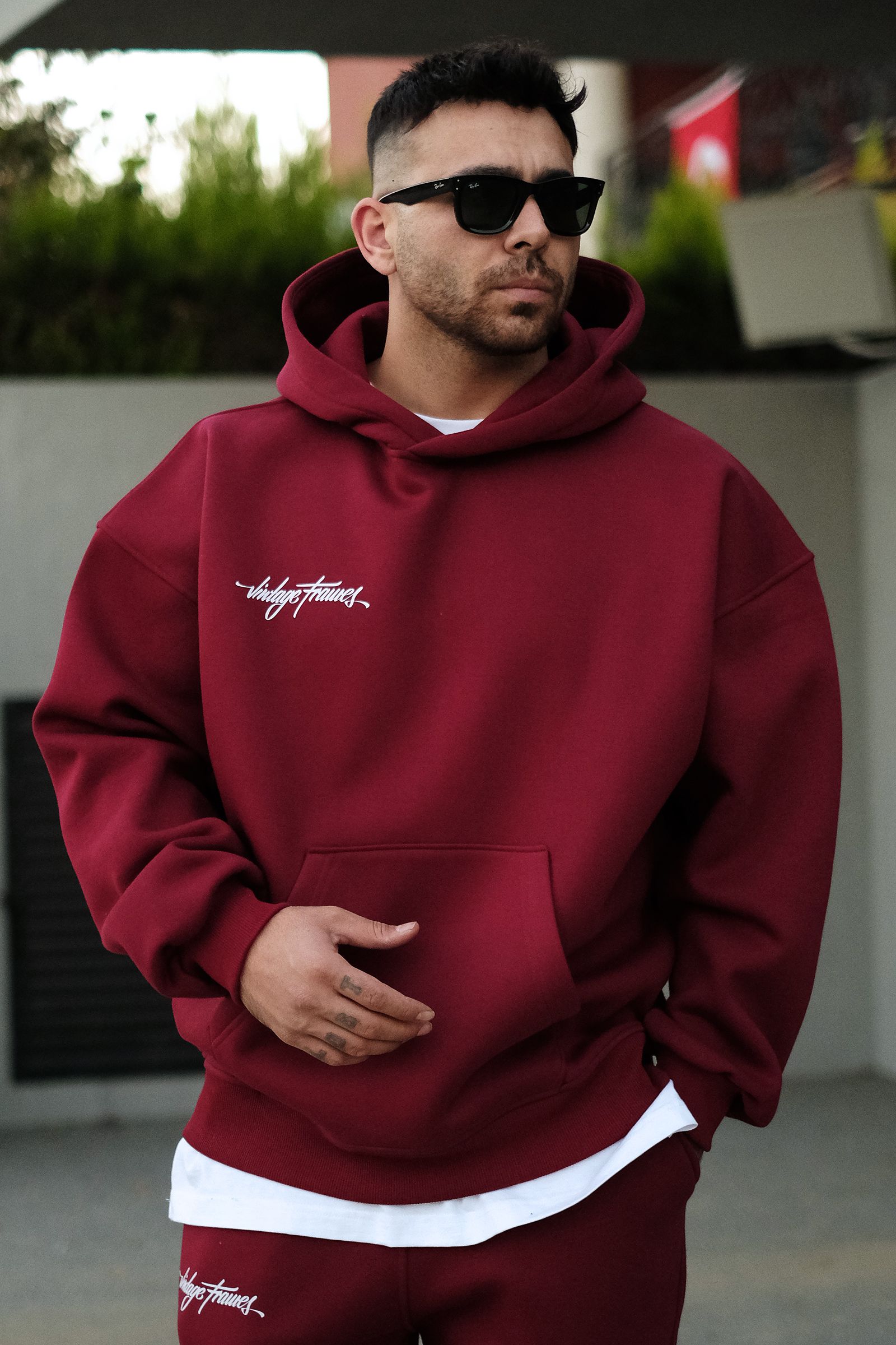 808 Vintage Frames Baskılı Özel Tasarım Oversize Hoodie - Bordo