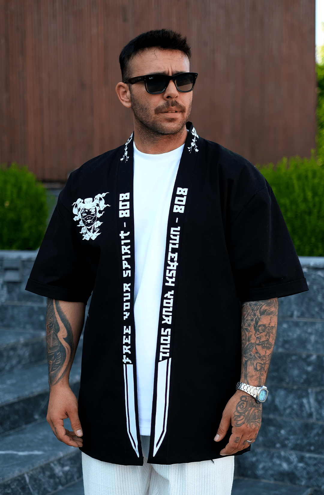 808 Orochi Baskı Detay Oversize Kimono - Siyah