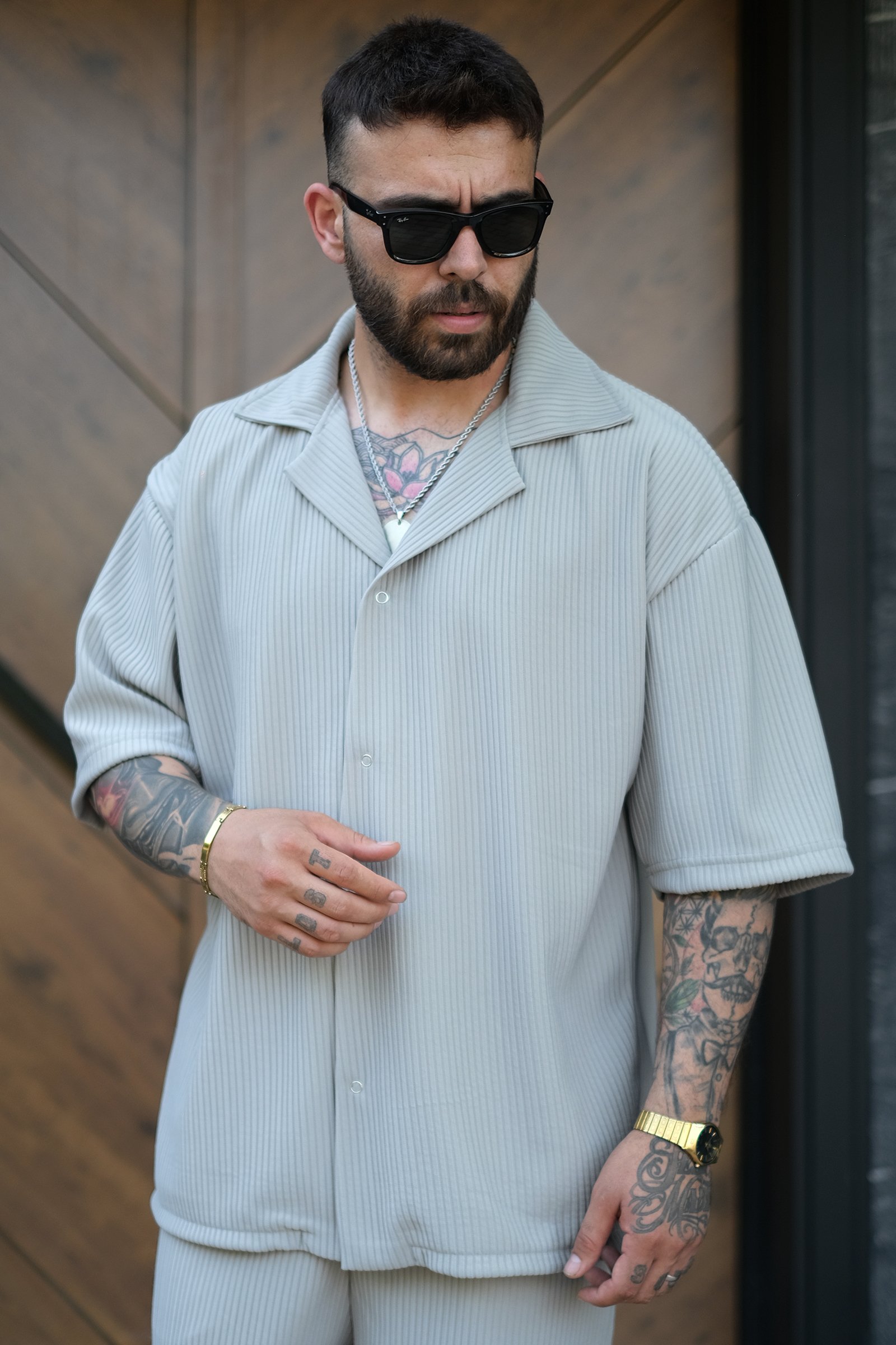 808 Fitil Dokulu Oversize V Yaka Gömlek - Gri