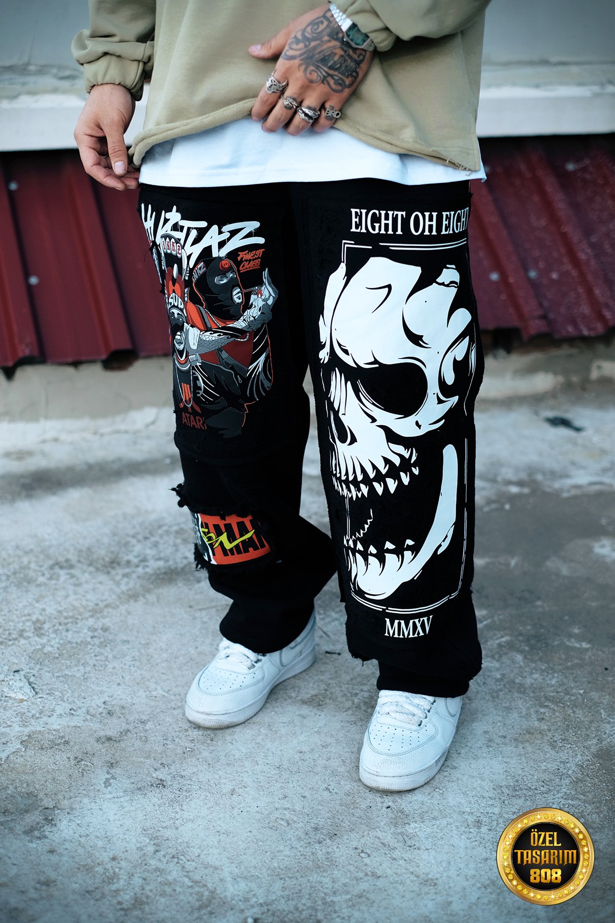 808 Skull Baskılı Kumaş Yamalı Özel Tasarım Baggy Jogger