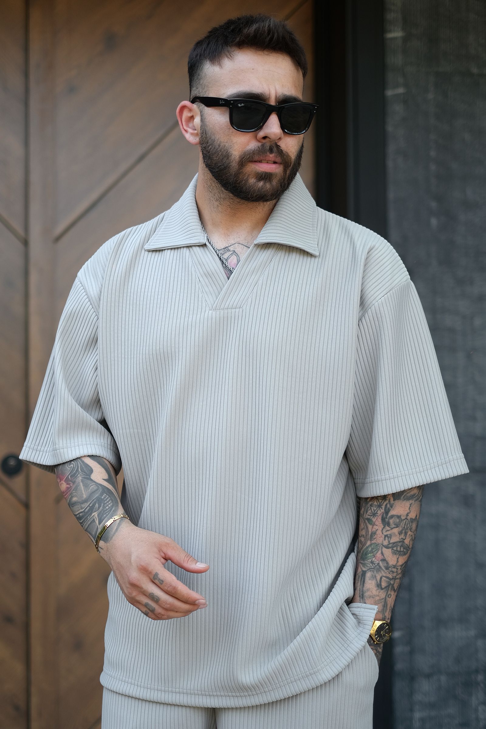 808 Fitil Dokulu Oversize Yakalı Tok Tişört - Gri