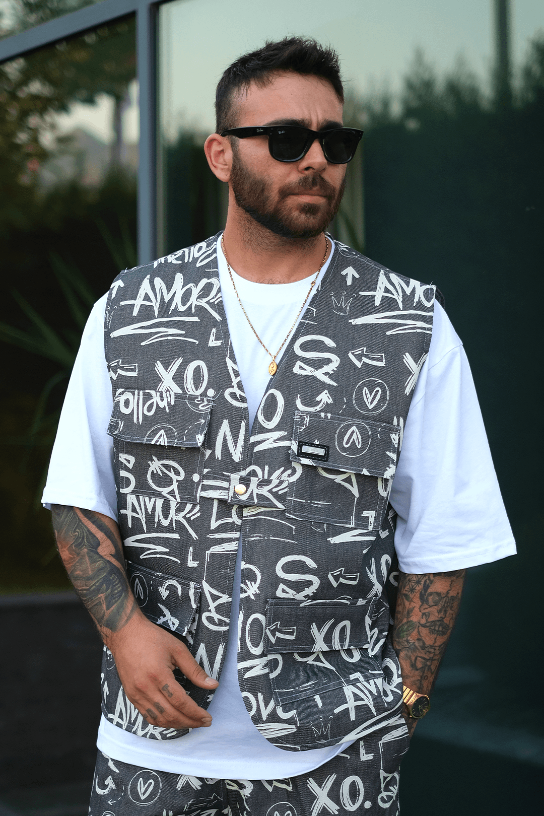 808 XO City Desen Tek Düğme Oversize Yelek