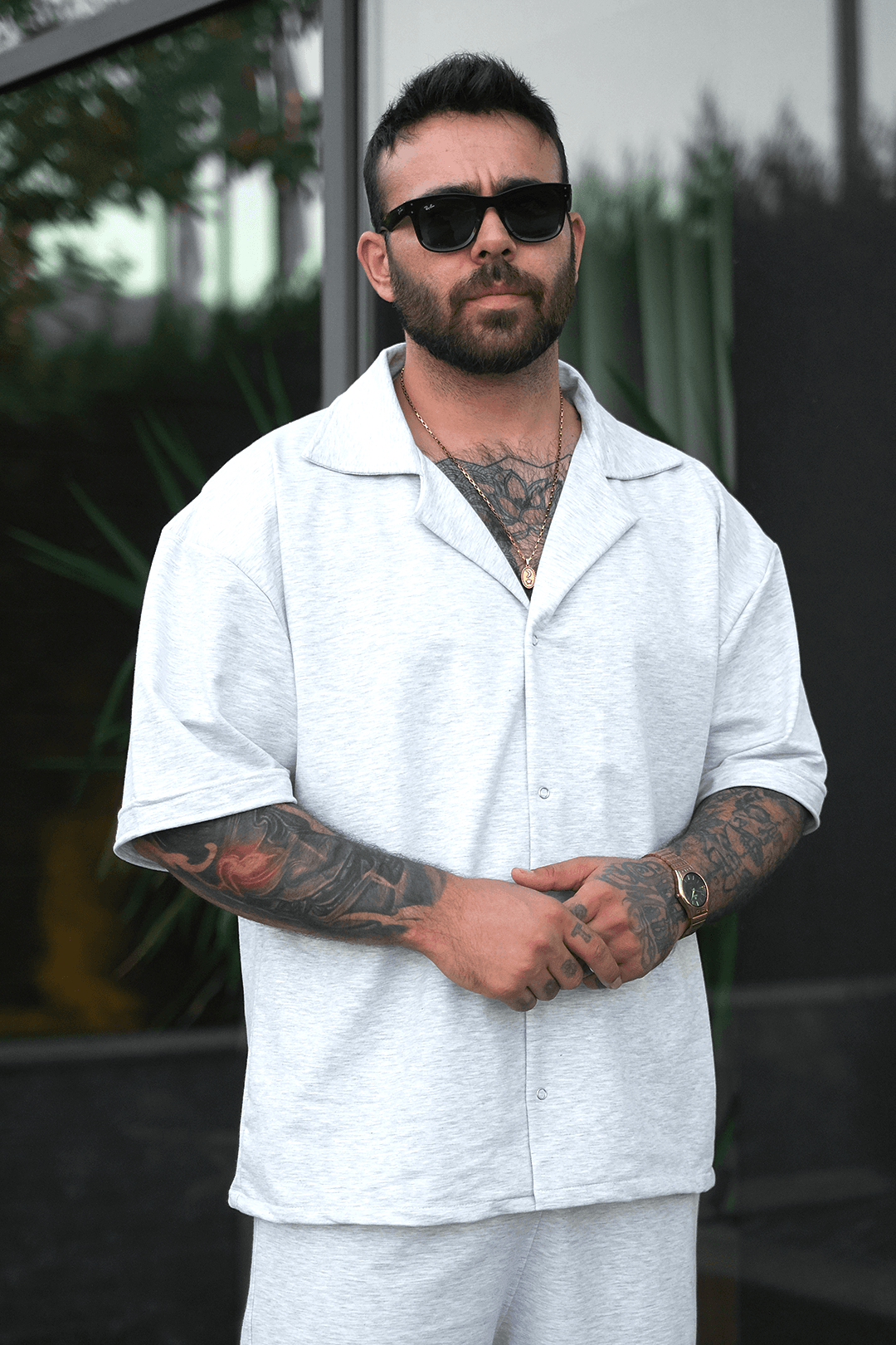 808 Basic V Yaka Oversize Tok Gömlek - Açık Gri Melanj