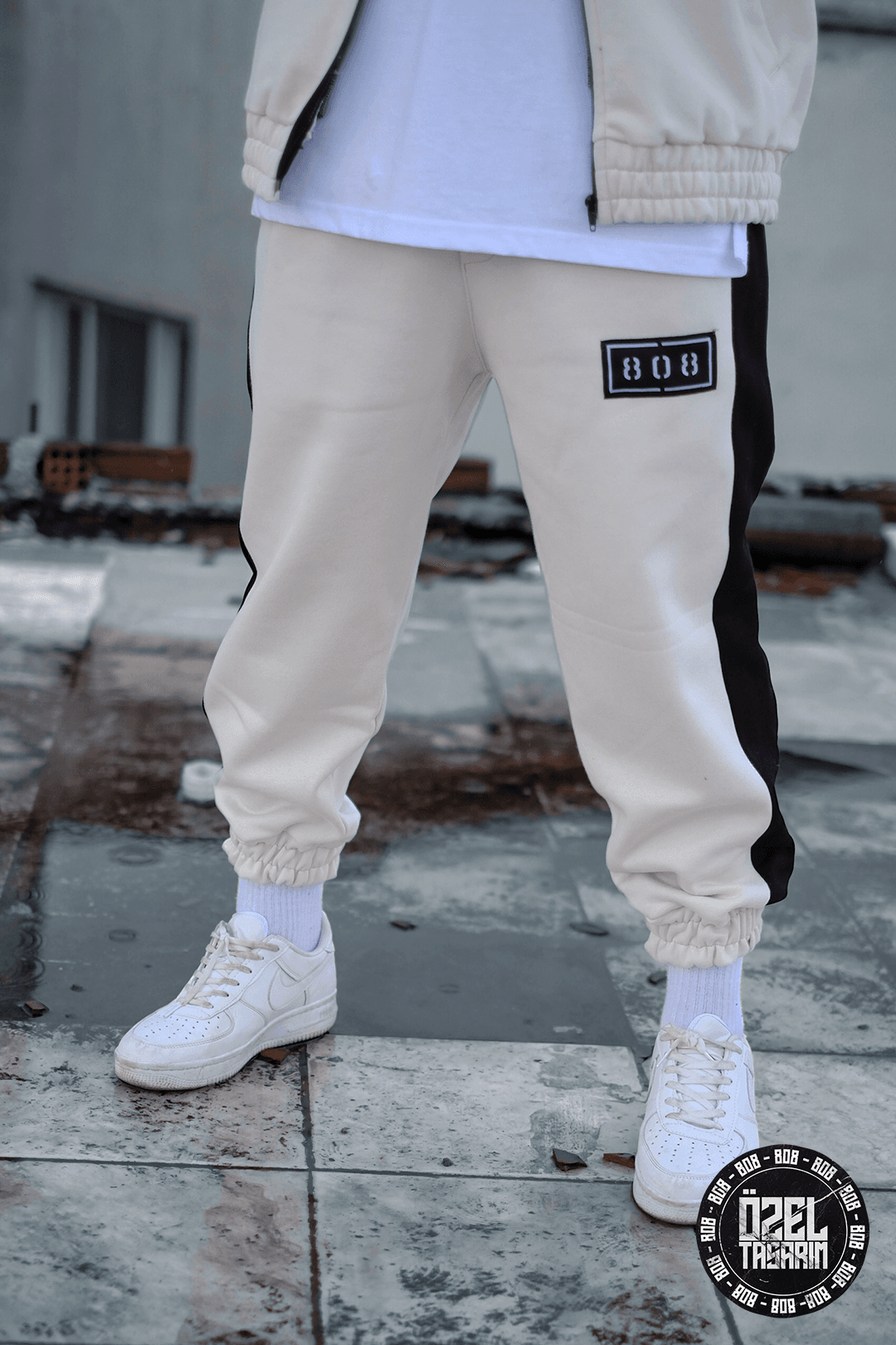 808 Şerit Kontrast Oversize Jogger - Ekru