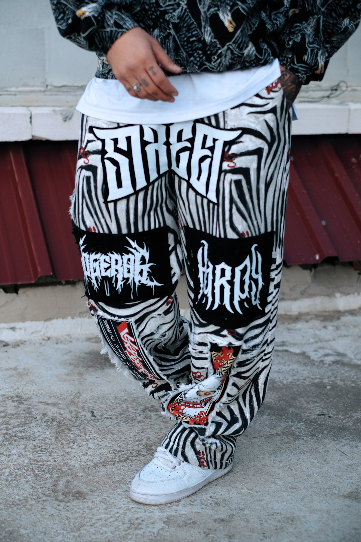 808 Zebra Desen Deri ve Baskılı Kumaş Yamalı Özel Tasarım Baggy Jogger