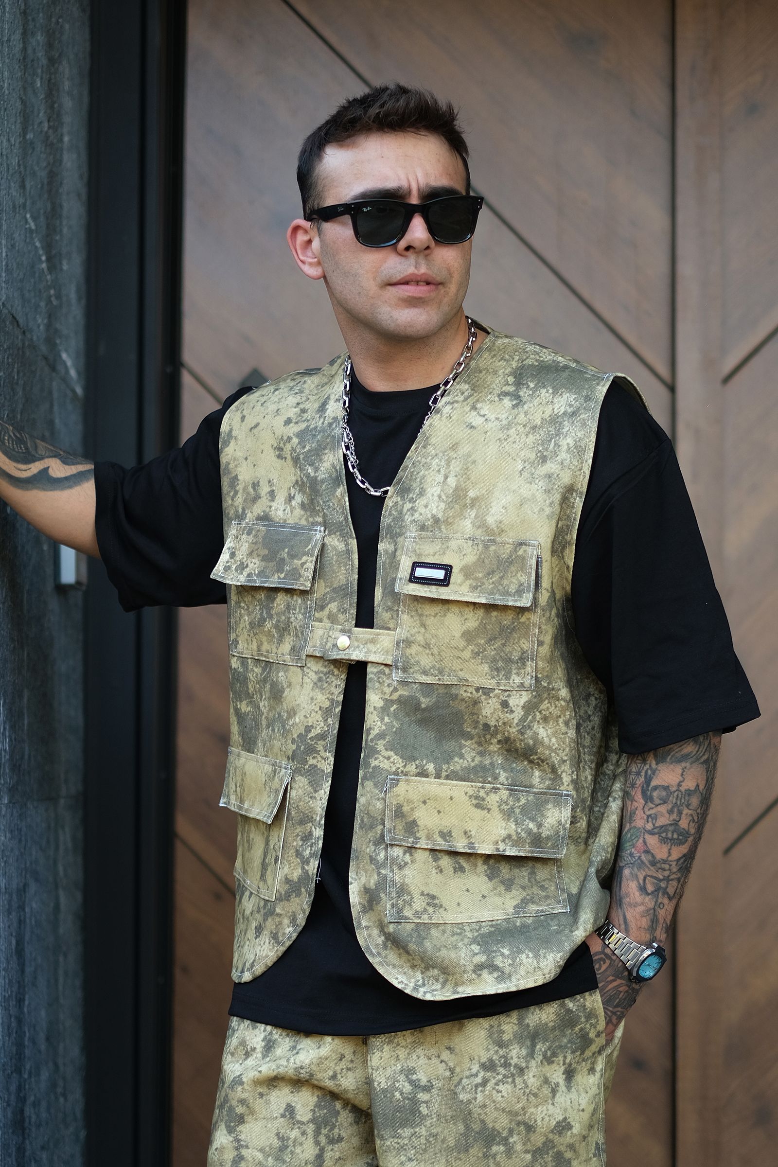 808 Leke Efektli Tek Düğme Oversize Kot Yelek
