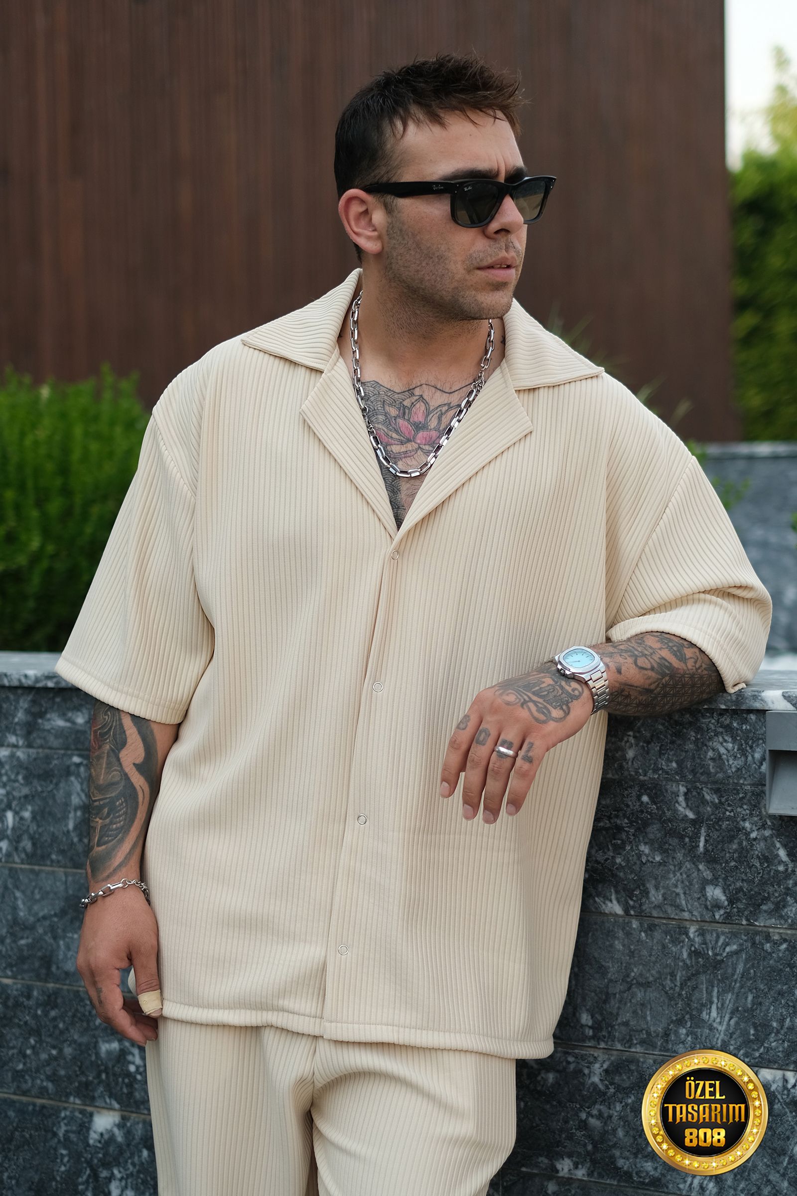 808 Fitil Dokulu Oversize V Yaka Gömlek - Kavun İçi