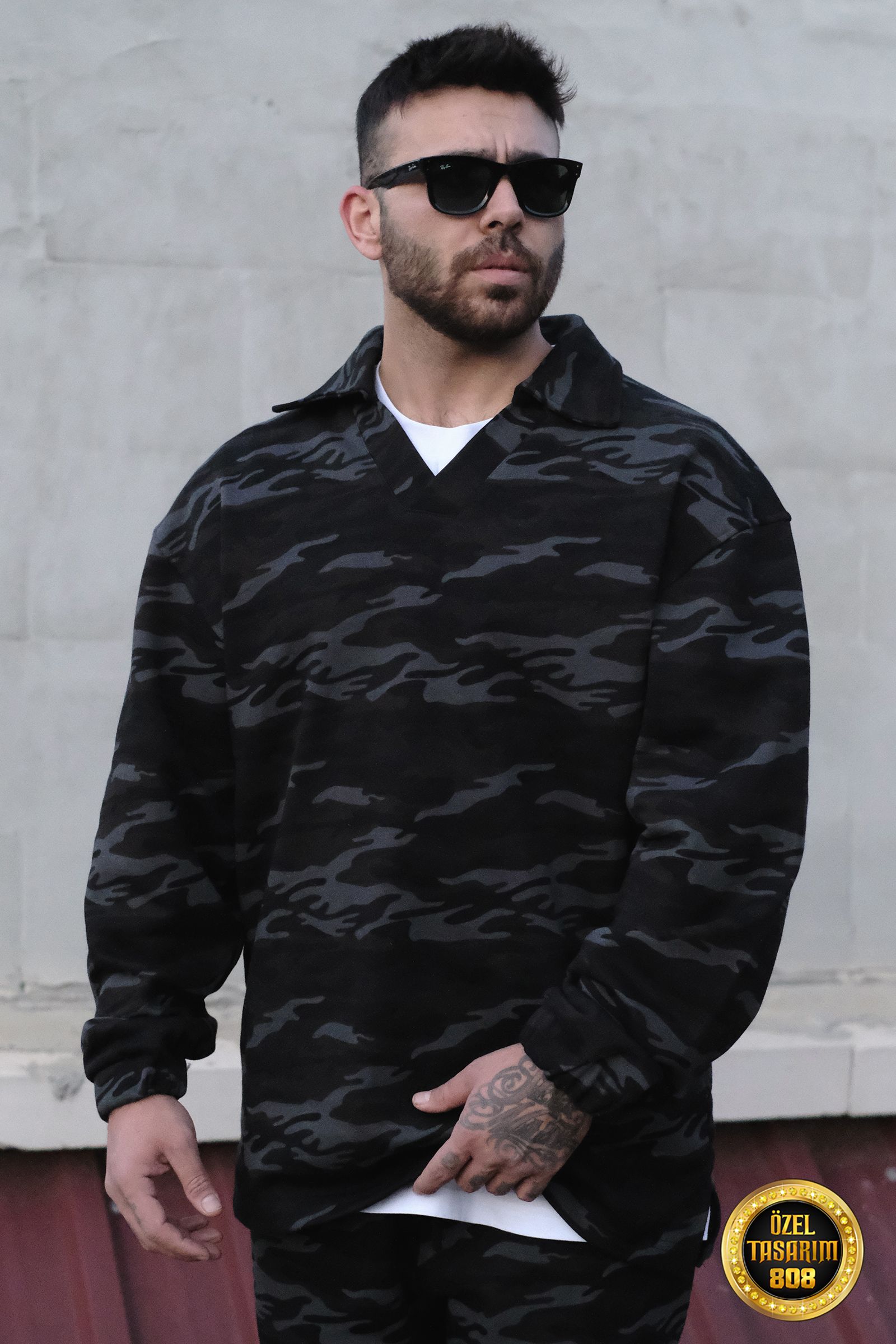 808 Kamuflaj Desen Yakalı Oversize Özel Tasarım Sweatshirt