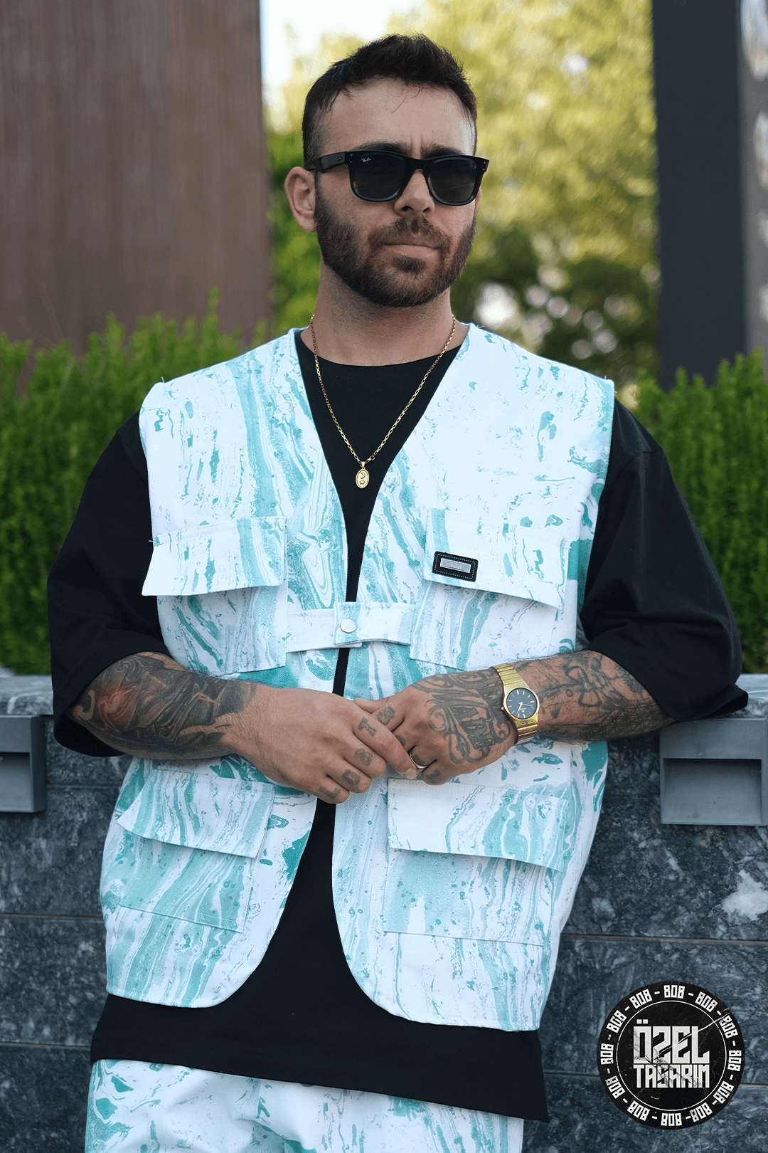 808 Batik Desen Oversize Tek Düğme Kot Yelek