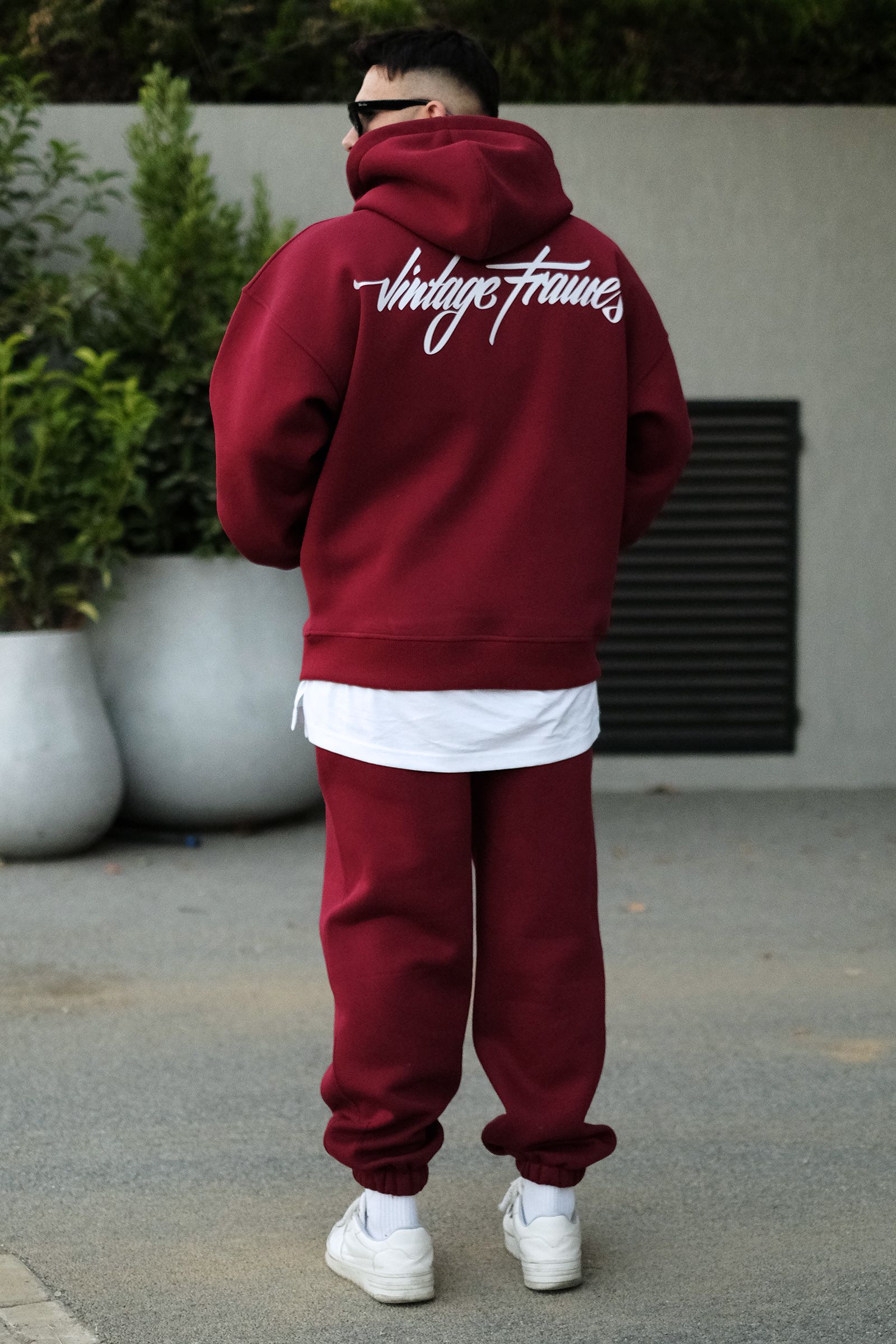 808 Vintage Frames Baskılı Özel Tasarım Oversize Hoodie - Bordo