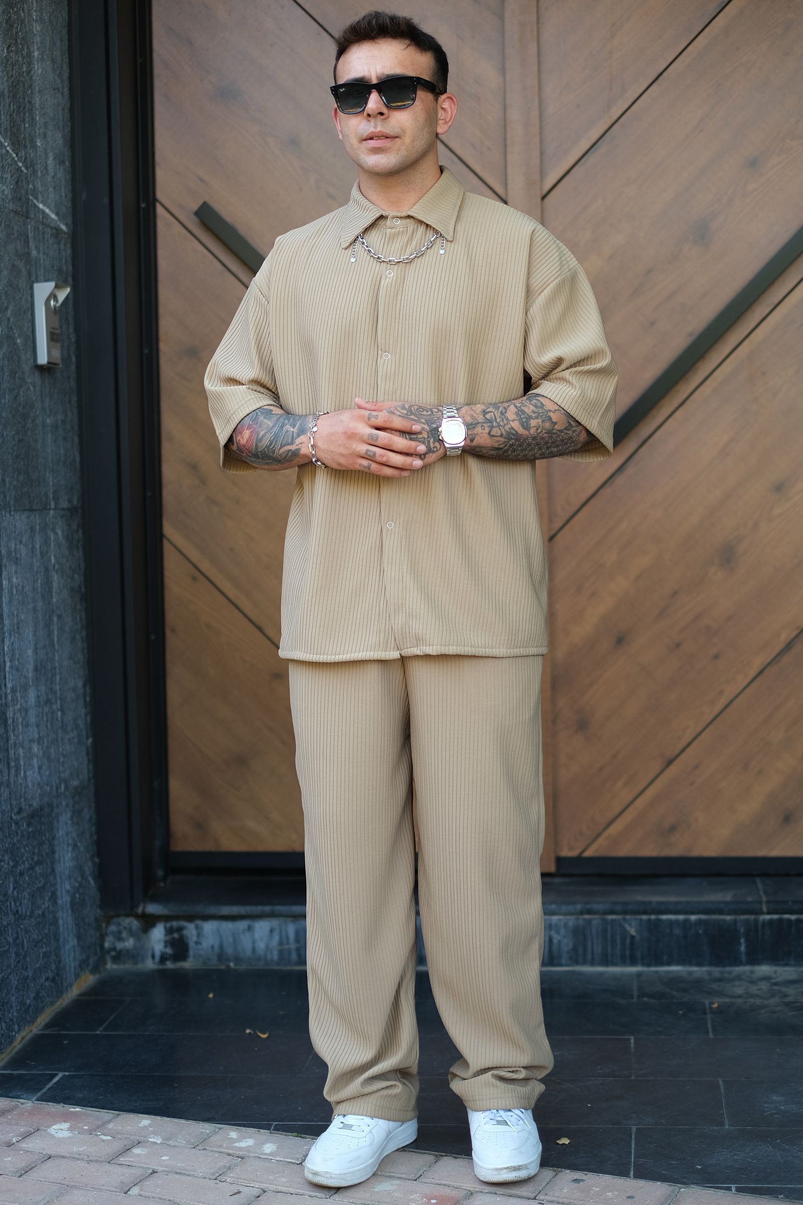 808 Fitil Dokulu Baggy Tok Jogger - Sütlü Kahve