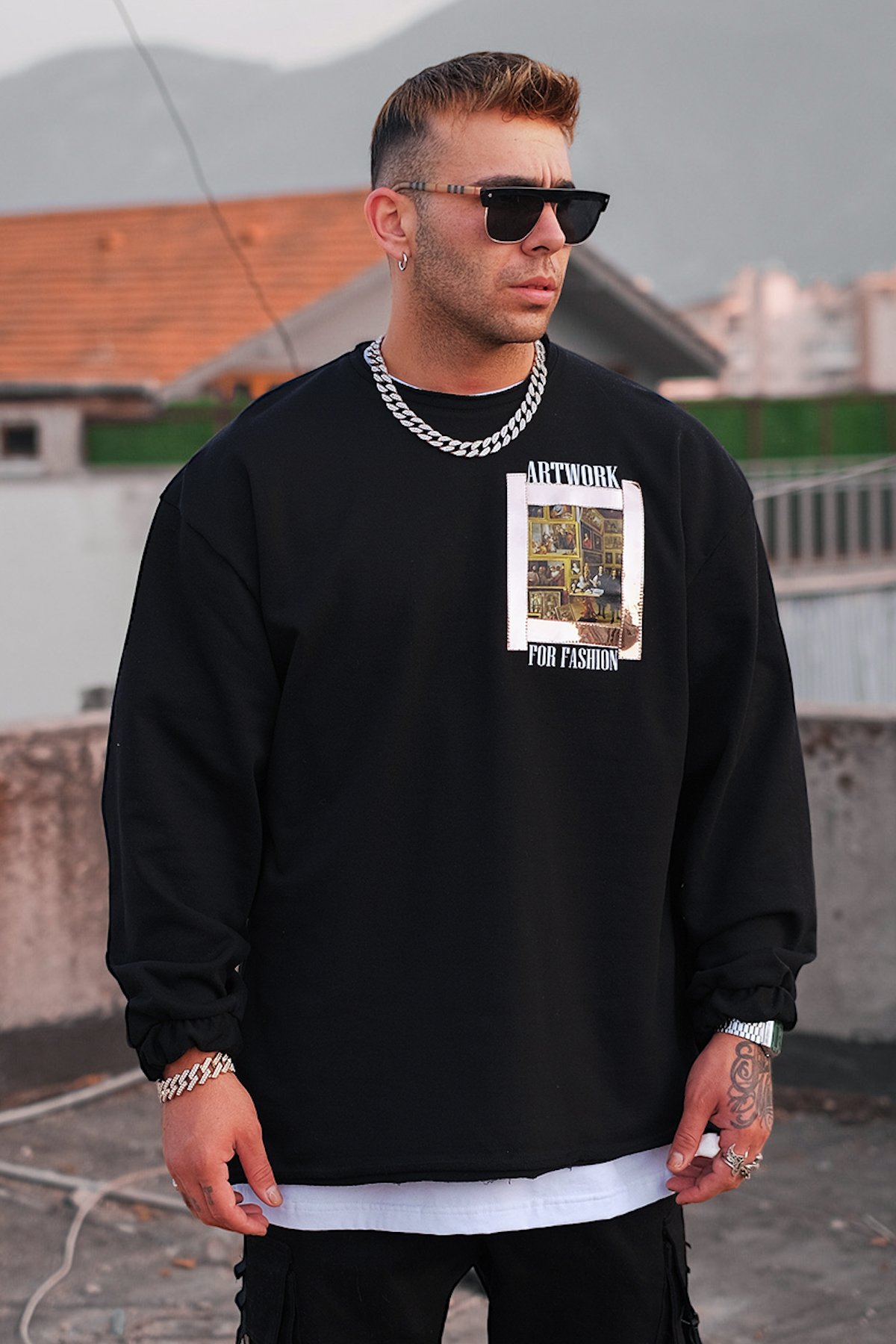 808 Artwork Oversize Gold Detay Oversize Fermuar Yırtmaç Sweatshirt