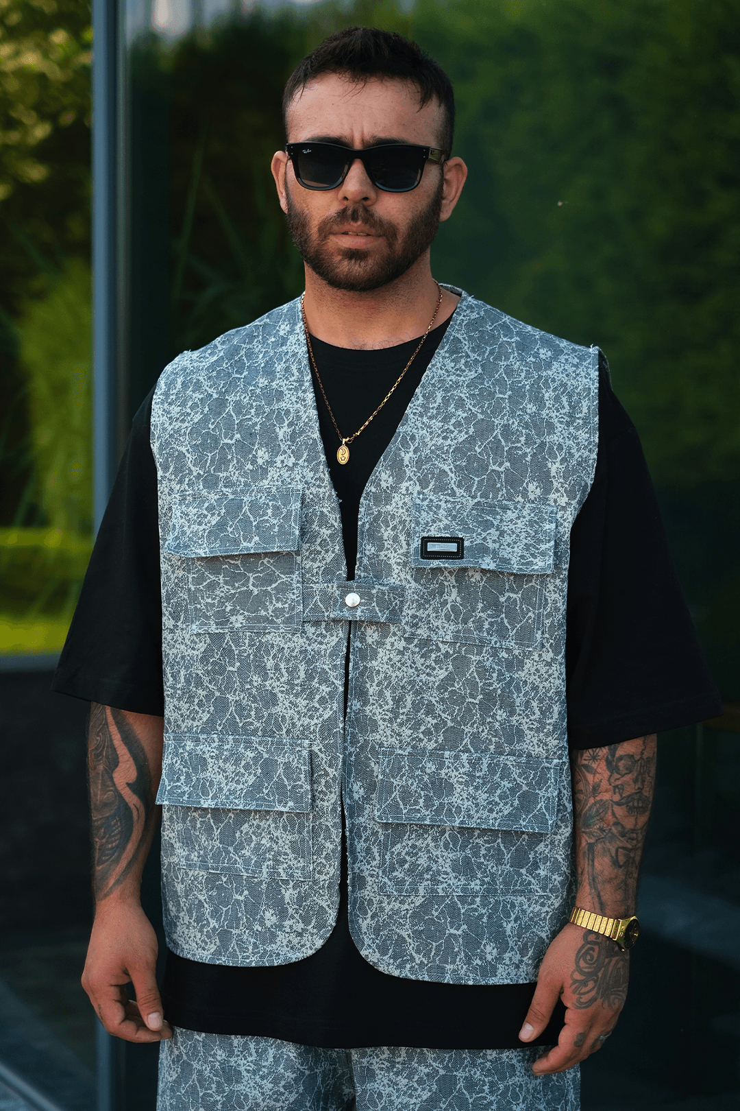808 Buz Mermer Desen Tek Düğme Oversize Yelek