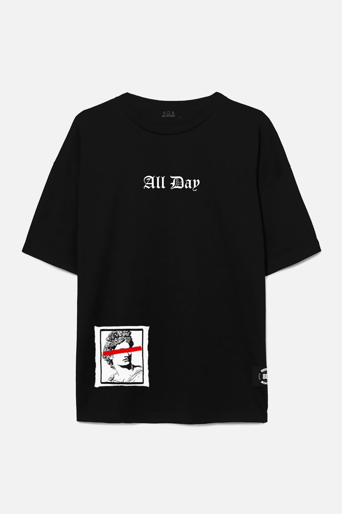 808 '' All Day '' Baskılı Oversize Tişört - Siyah