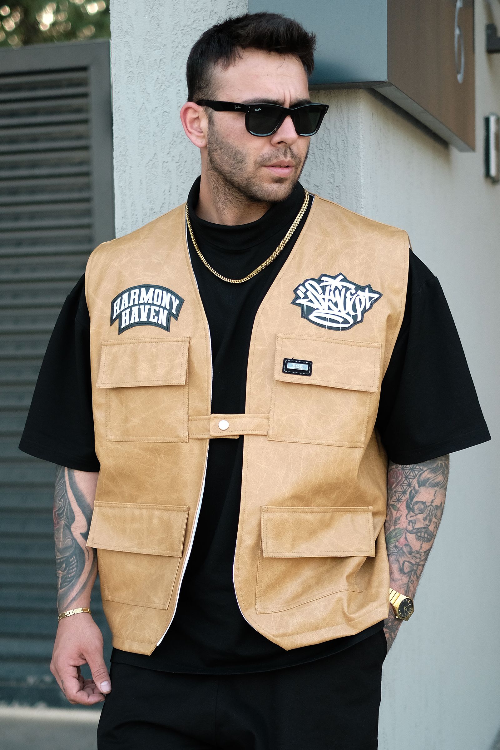 808 Oversize Tek Düğme '' Harmony '' Deri Patch Yelek