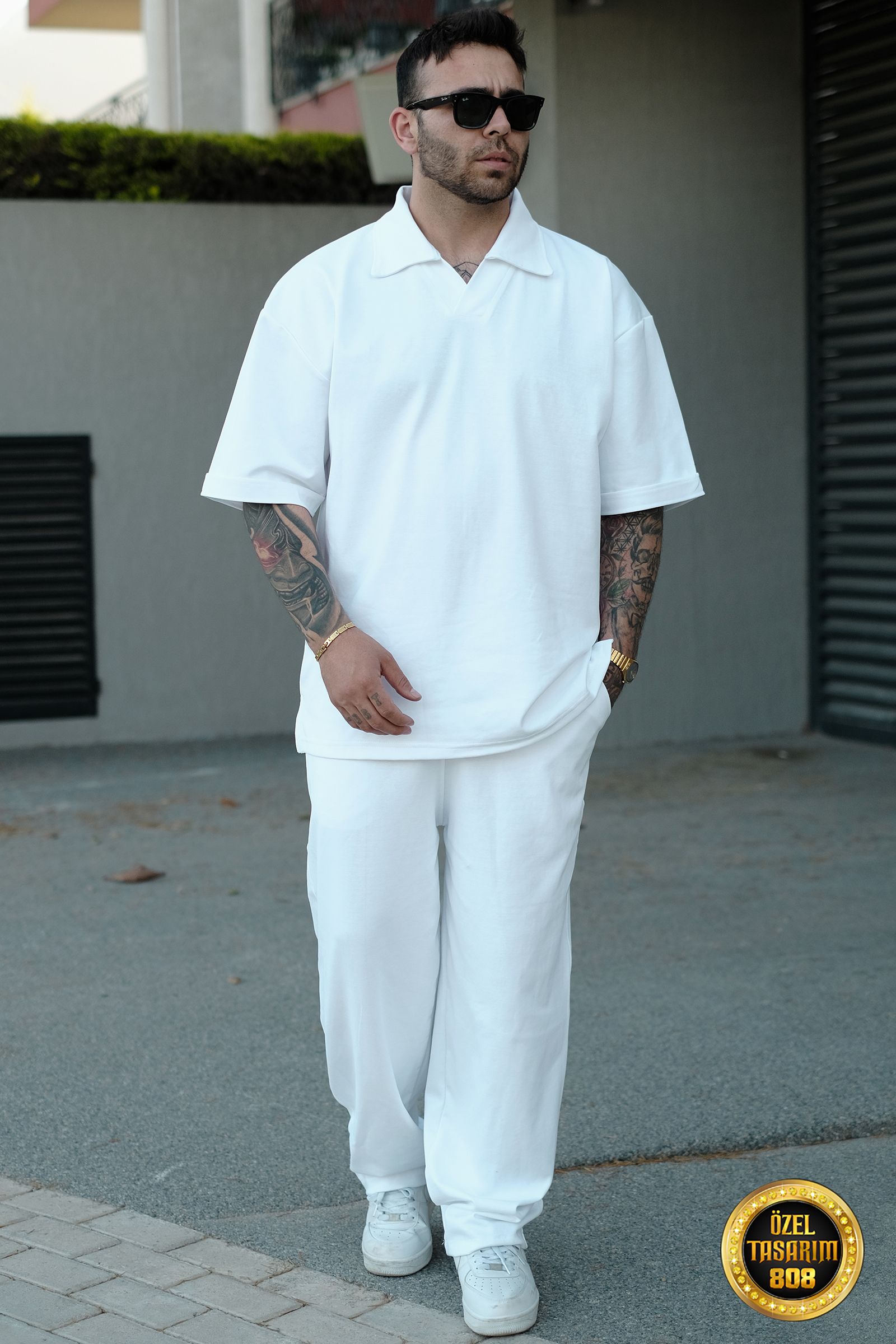 808 Yakalı Basic Tok Oversize Takım (Yakalı Tişört + Pantolon)  - Beyaz