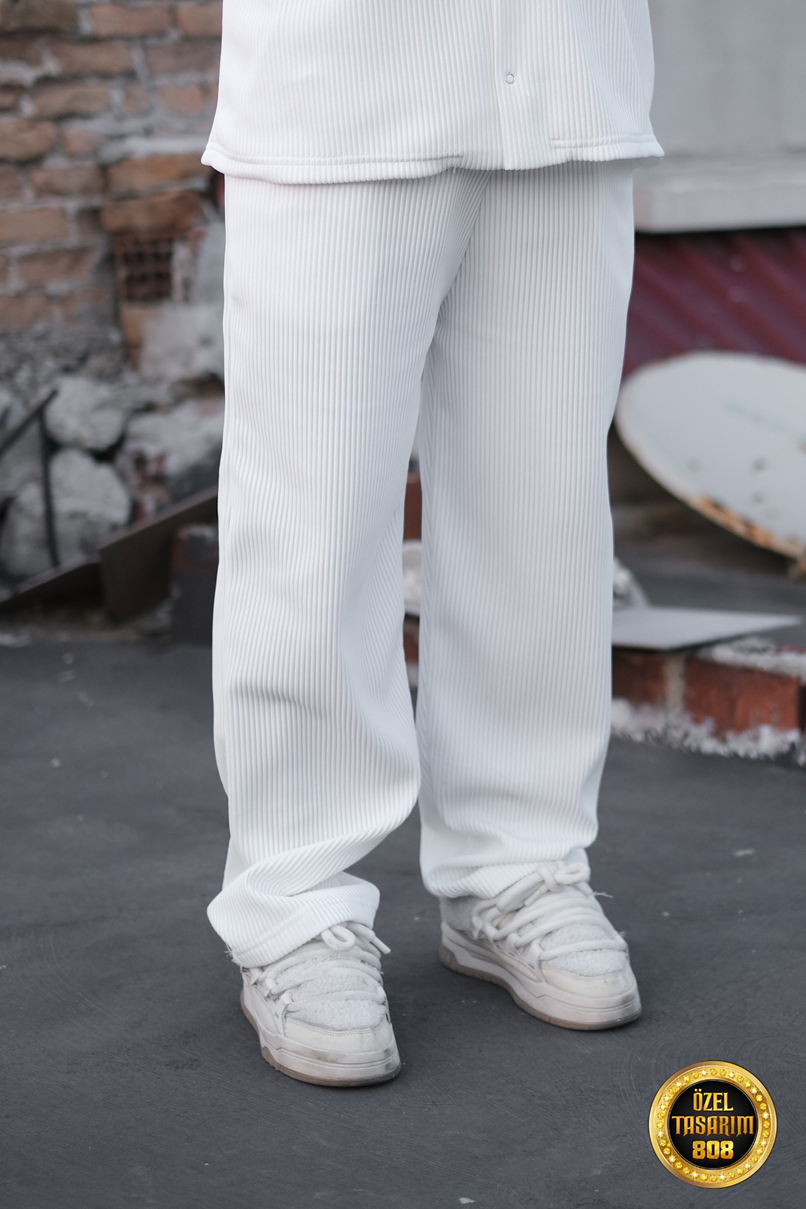 808 Fitil Dokulu Baggy Tok Jogger - Beyaz