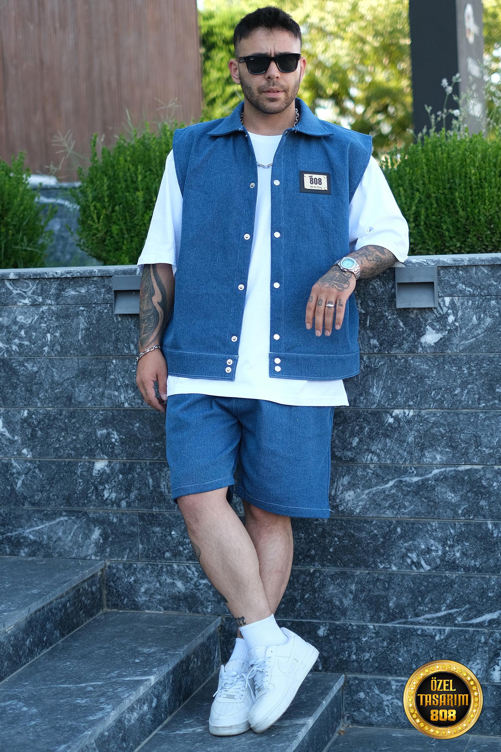 808 Oversize Basic Tok Kot Takım (Yelek + Şort) - Açık Mavi
