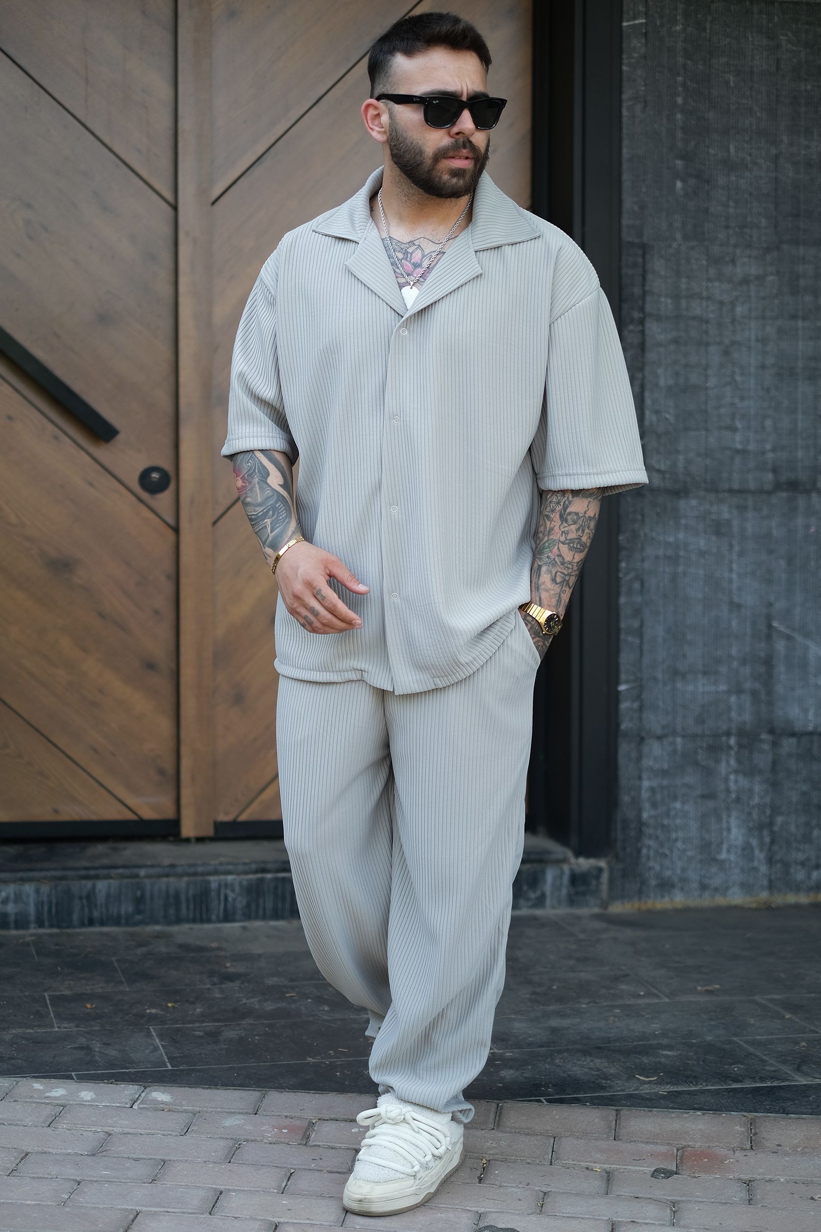 808 Fitil Dokulu Oversize V Yaka Takım (Gömlek - Jogger) - Gri