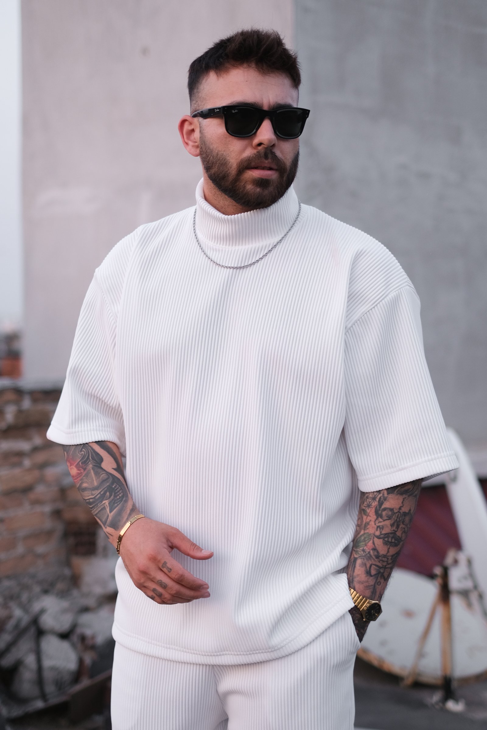 808 Fitil Dokulu Oversize Balıkçı Yaka Tişört - Beyaz