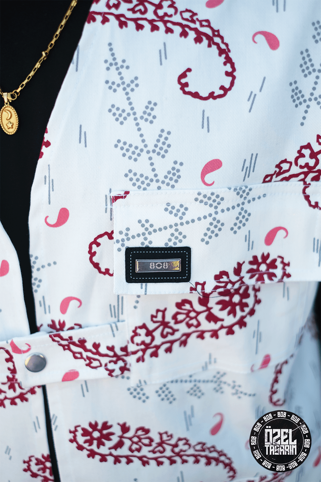 808 Kızıl Paisley Desen Tek Düğme Oversize Yelek