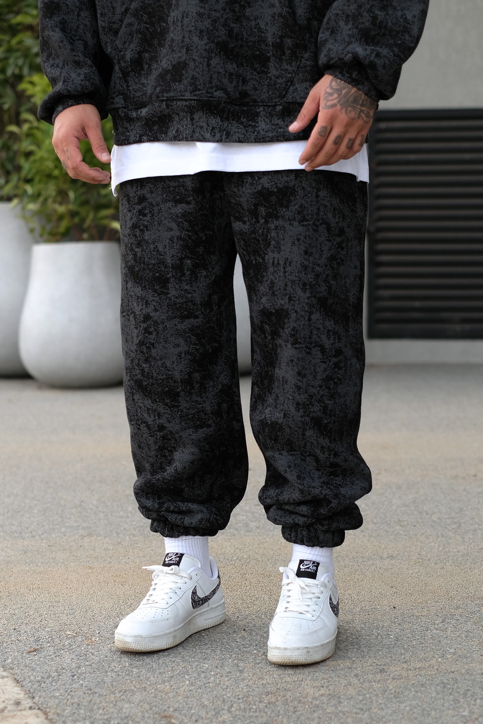 808 Eskitme Efekt Oversize Puff Jogger Eşofman Altı - Siyah